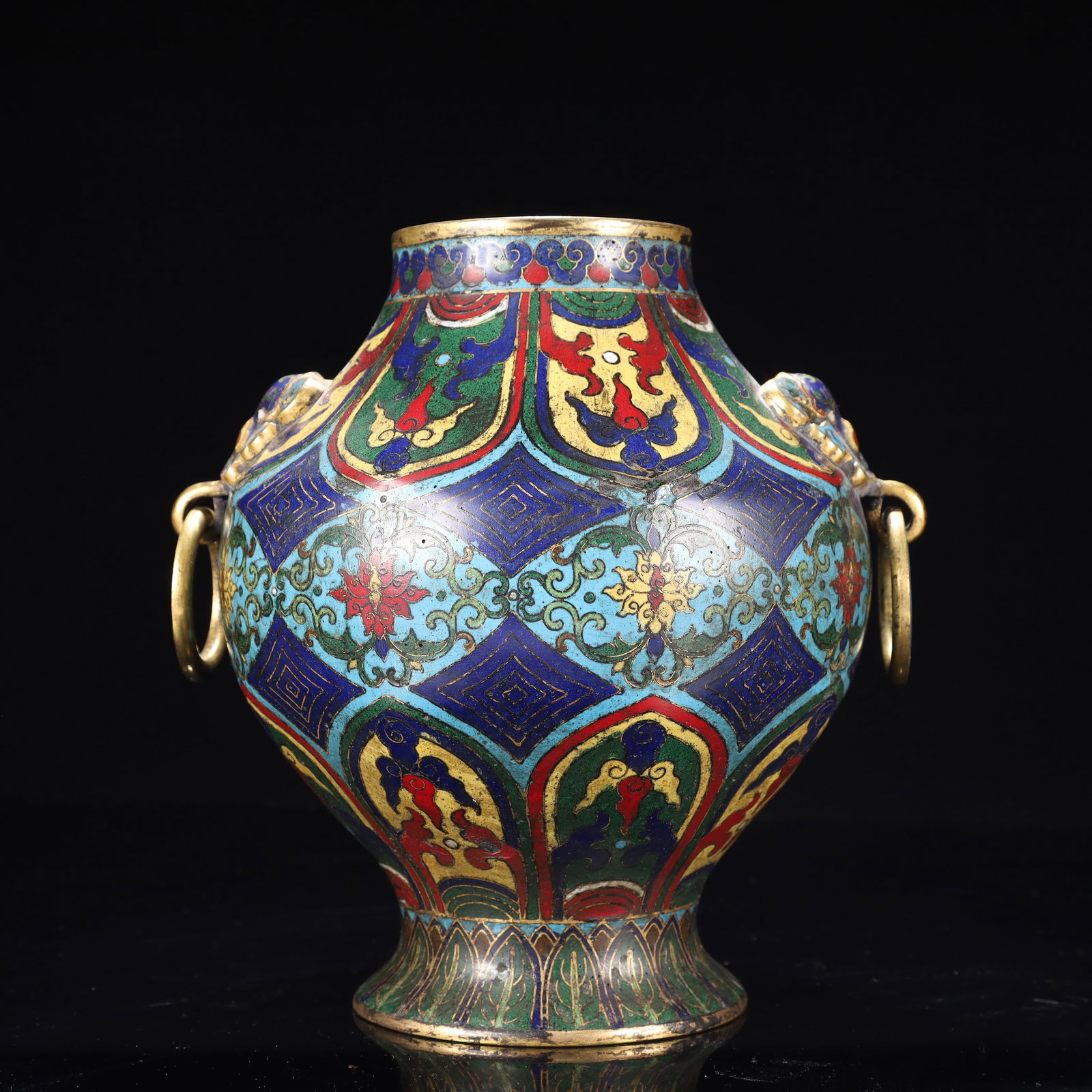 An Exquisite Cloisonne Flower Pattern Beast-Ears Vase: An Exquisite Cloisonne Flower Pattern Beast-Ears Vase,Qing Dynasty, China,Qianlong Four-character Mark,Size:7.9inx8.7in,Weight:2300g 景泰蓝花卉纹兽耳