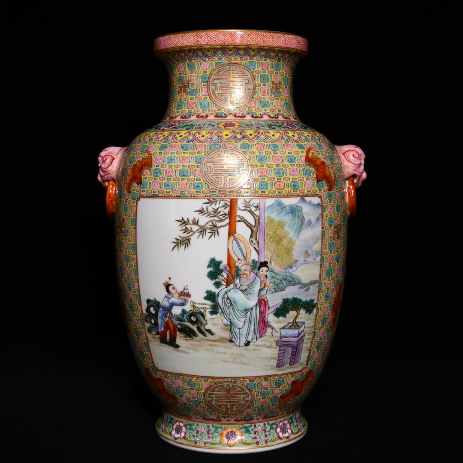 A Rare Famille-Rose Character and Story Pattern Beast-Ears Vase: A Rare Famille-Rose Character and Story Pattern Beast-Ears Vase,Qing Dynasty,China,Qianlong Six-character Mark,Size:13.4inx9.1in 粉彩人物故事纹兽耳