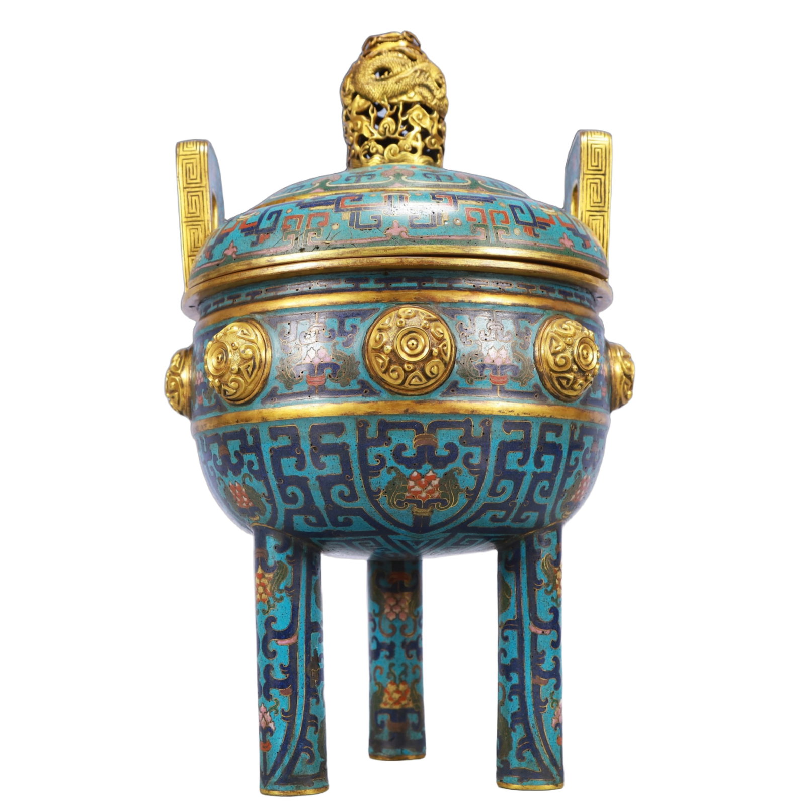 An Exquisite Cloisonne Double-Ears and Tripod Censer, With Dragon Pattern Cover: An Exquisite Cloisonne Double-Ears and Tripod Censer, With Dragon Pattern Cover,Qing Dynasty, China,Qianlong Four-character Mark,Size:8.3inx13.4in,Weight:3600g 景泰蓝双耳