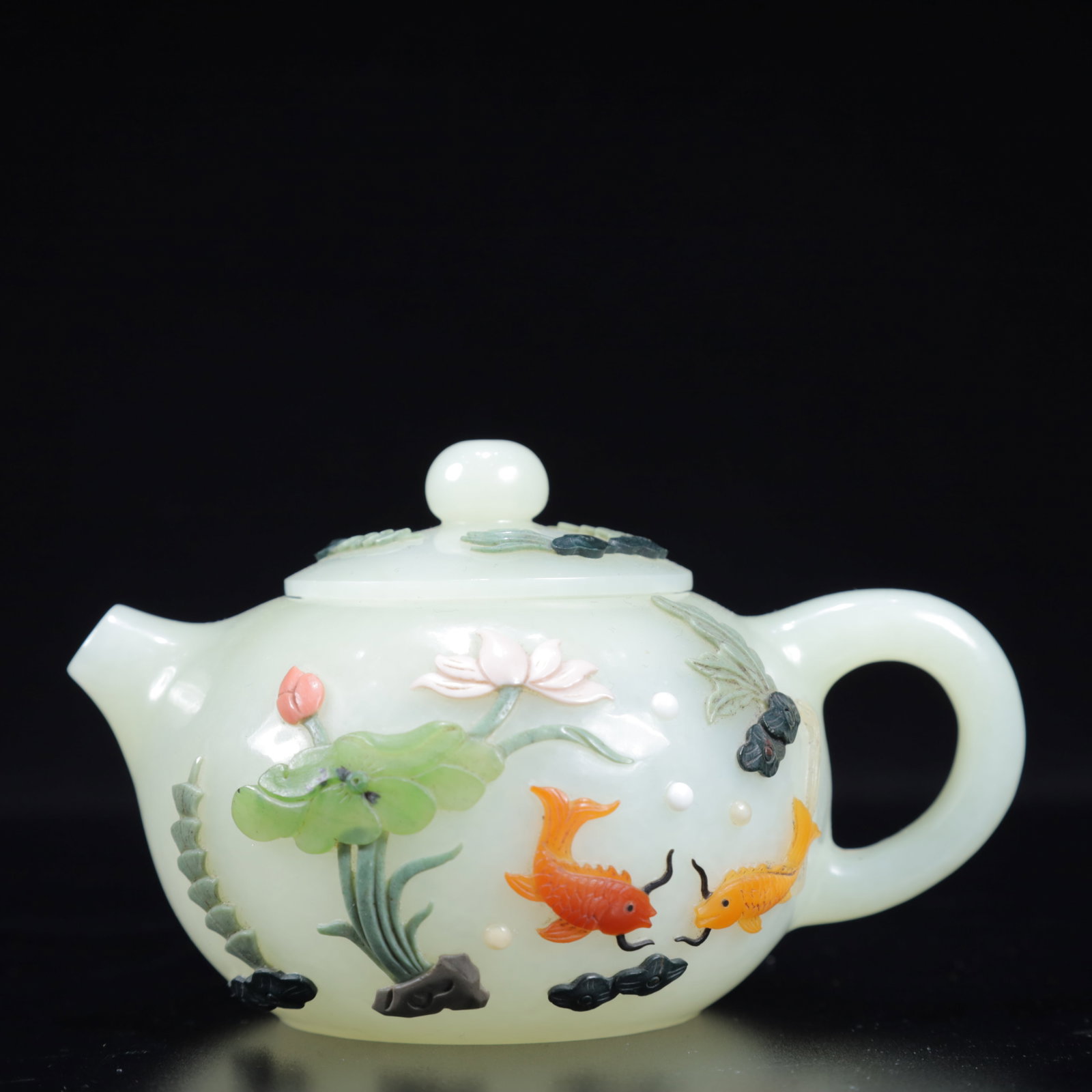 An Exquisite White Jade Inlaid Gems Flower and Fish Pattern Teapot (1 of 12)