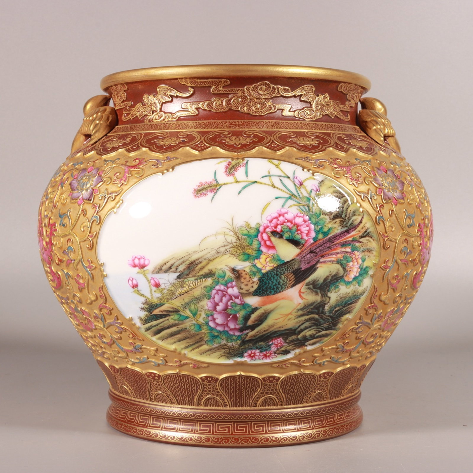 An Exquisite Gold Ground Enamel Flower and Bird Pattern Beast-Ears Vat: An Exquisite Gold Ground Enamel Flower and Bird Pattern Beast-Ears Vat,Qing Dynasty,China,Qianlong Six-character Mark,Size:7.1inx8.3in 金地珐琅彩花鸟纹&