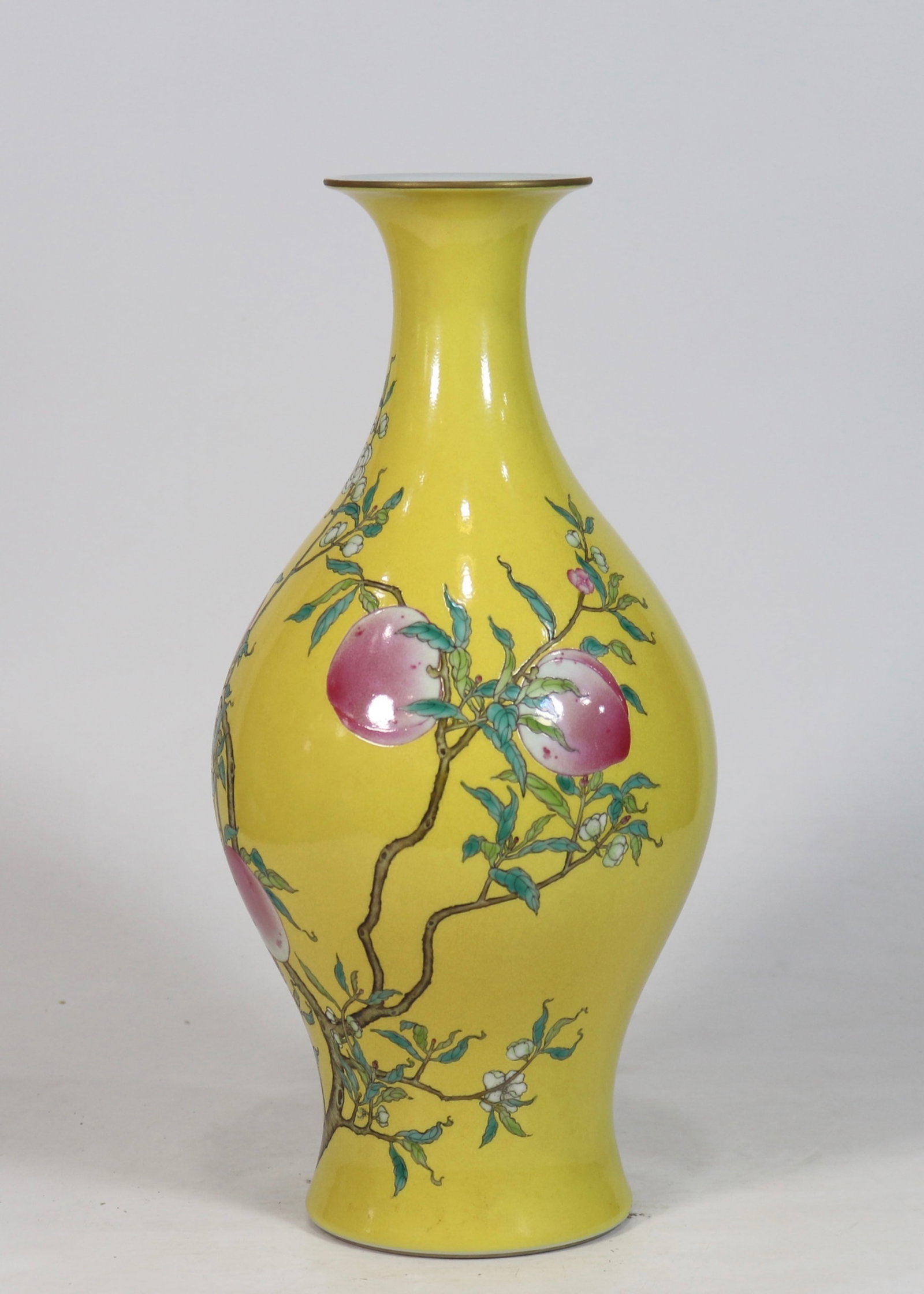 A Rare Yellow Ground Famille-Rose Bats and Peach Pattern Vase: A Rare Yellow Ground Famille-Rose Bats and Peach Pattern Vase,Qing Dynasty,China,Yongzheng Six-character Mark,Size:14.1inx6.5in 黄地粉彩蝙蝠桃子纹