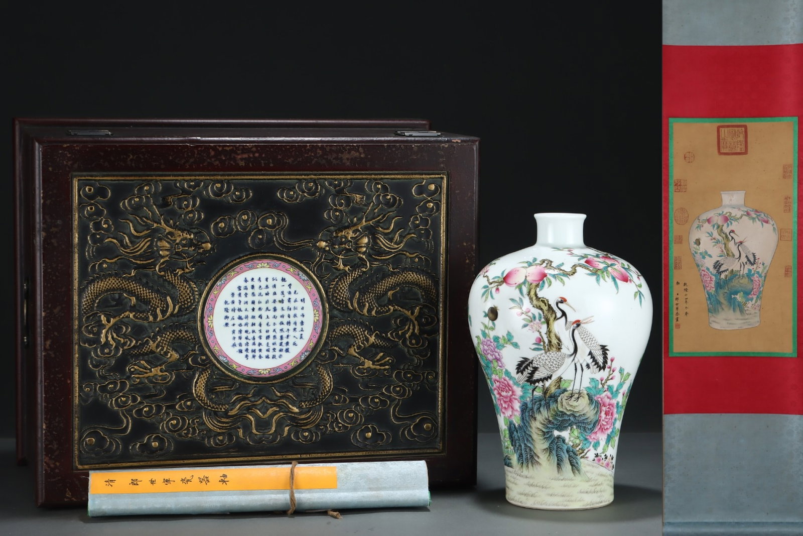 A Rare Famille-Rose Flower and Crane Pattern Vase,with poem,with Chinese Vertical Scroll Ink: A Rare Famille-Rose Flower and Crane Pattern Vase,with poem,with Chinese Vertical Scroll Ink Painting on Silk,Qing Dynasty,China,Qianlong Six-character Mark,Size:(Without frame)22.6inx12in,(Porcelain)
