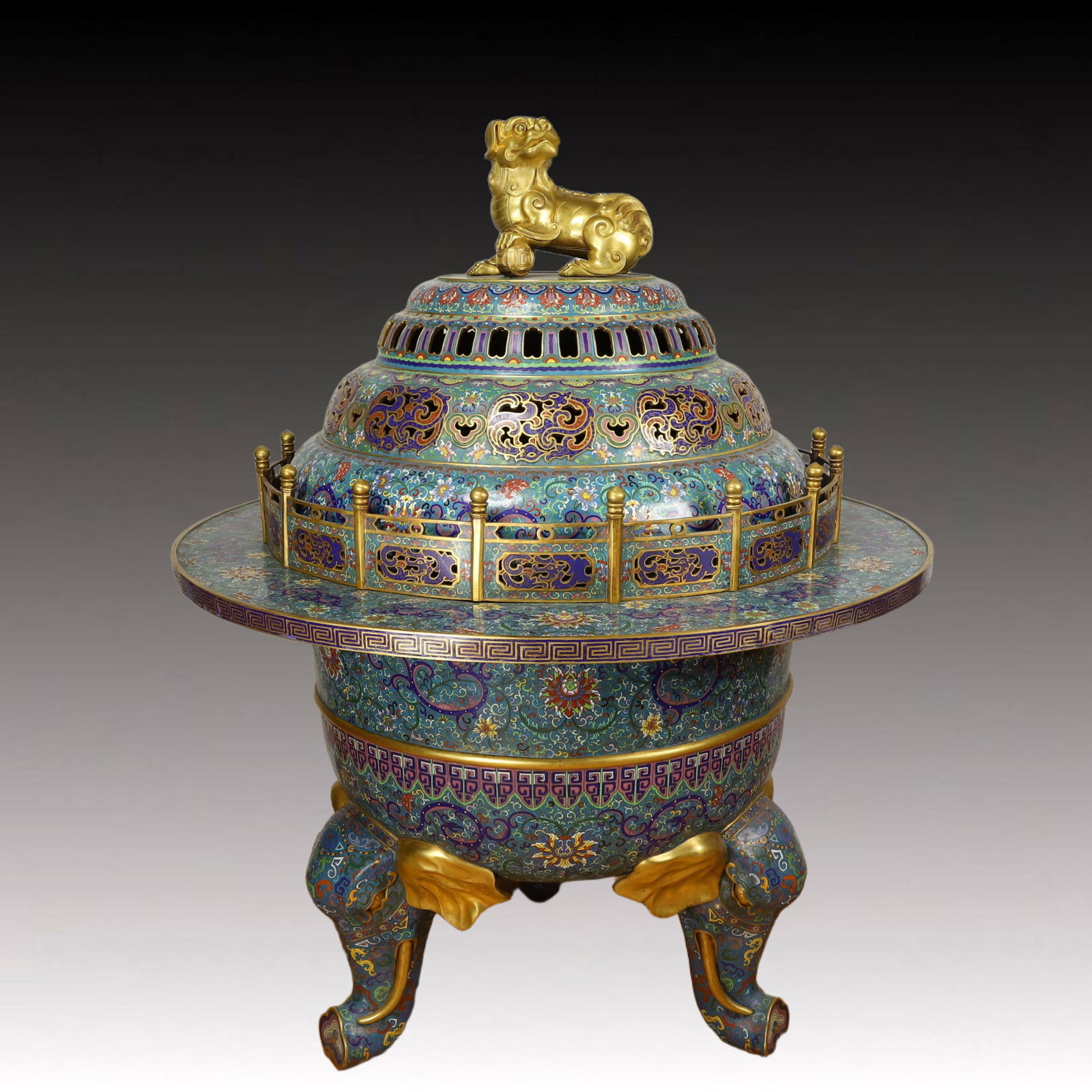 A Huge Cloisonne Hollow Lotus and Dragon Pattern Tripod Censer,With Beast Cover: A Huge Cloisonne Hollow Lotus and Dragon Pattern Tripod Censer,With Beast Cover,Qing Dynasty, China,Qianlong Six-character Mark,Size:35.4inx43.3in,Weight:110000g 景泰蓝镂ి
