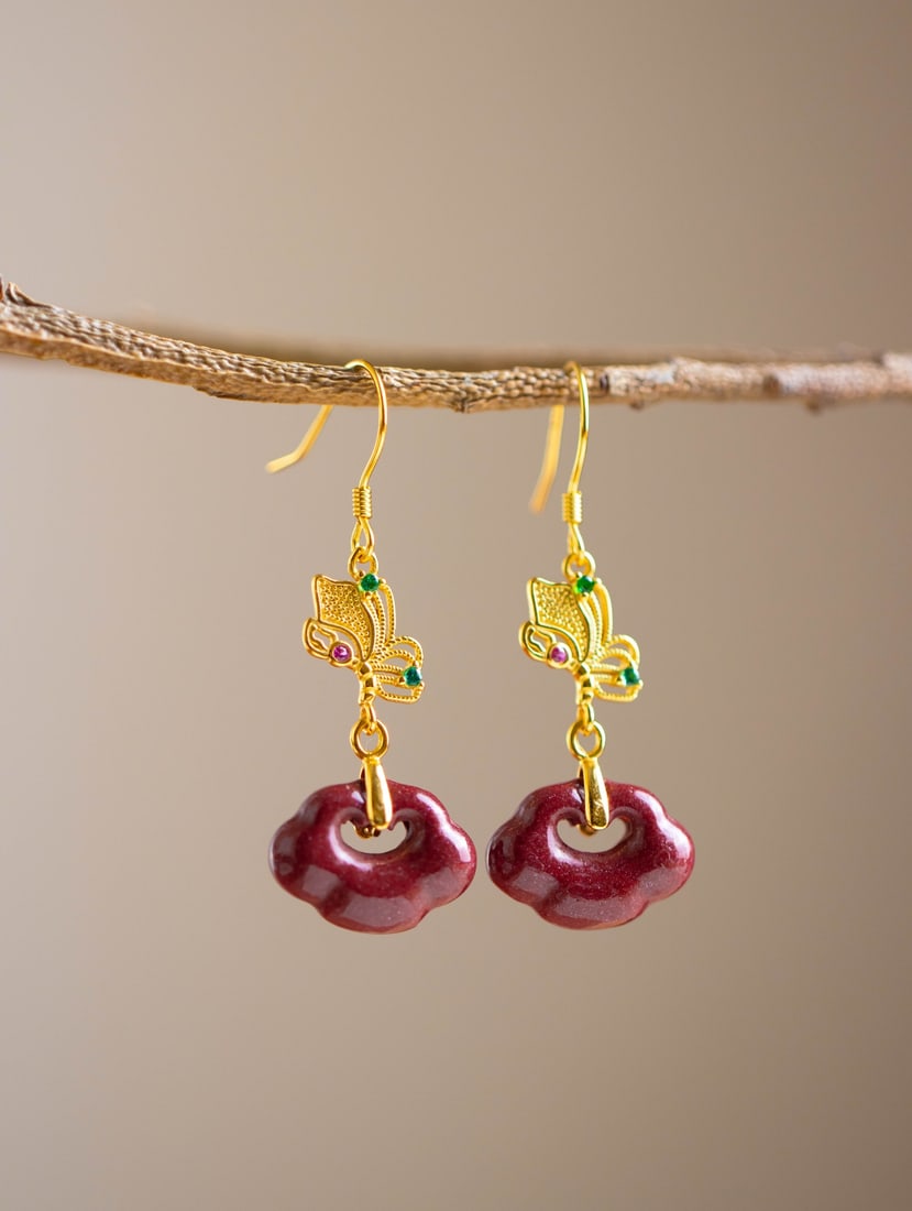 A Pair of Exquisite Sterling Silver-Gold Plated Inlaid Cinnabar Earrings: A Pair of Exquisite Sterling Silver-Gold Plated Inlaid Cinnabar Earrings 一对纯银镀金镶朱砂耳环