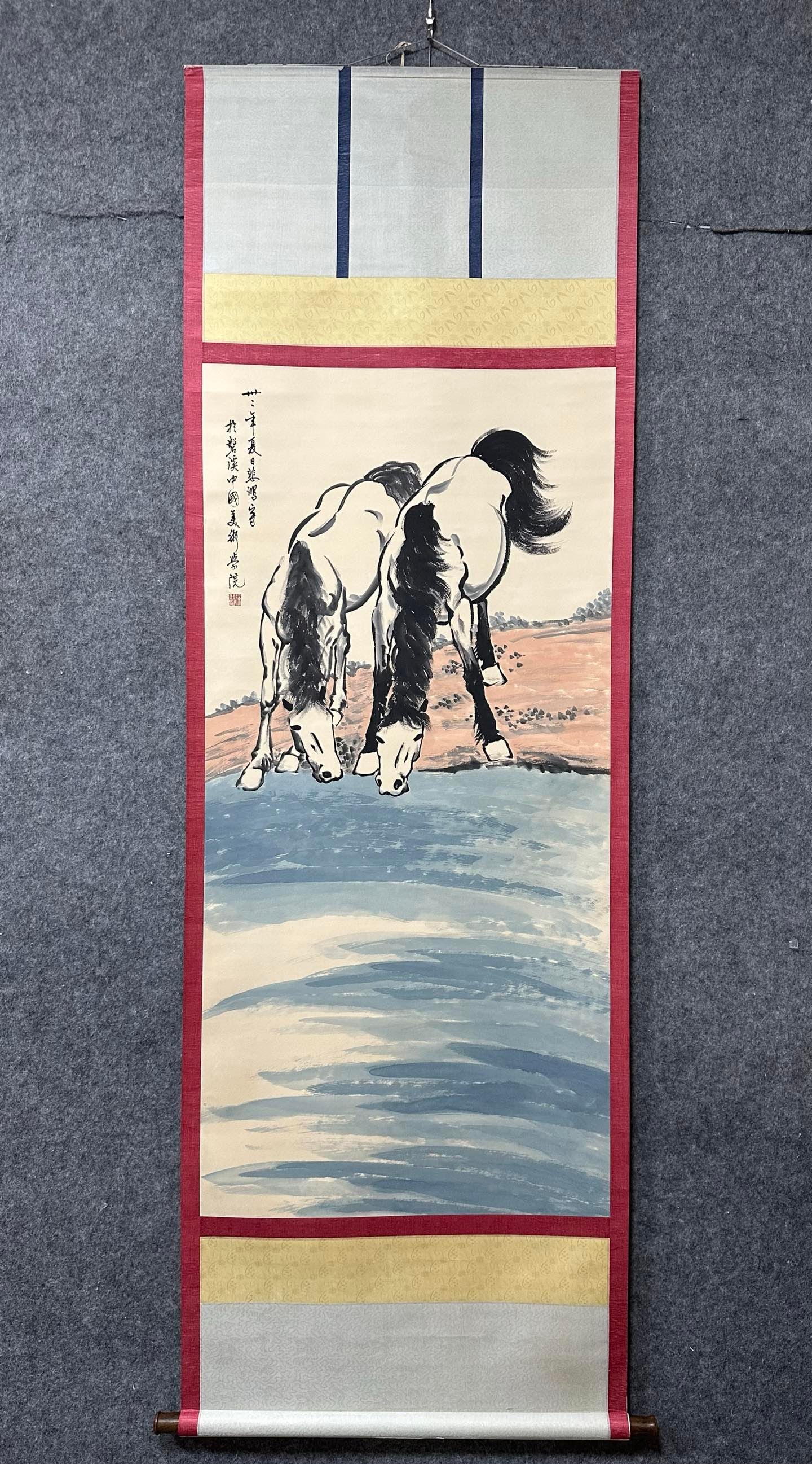 A Chinese Vertical Scroll Ink Painting of Horse on Paper,Xu Beihong: A Chinese Vertical Scroll Ink Painting of Horse on Paper,Xu Beihong,Size:(Without frame)26.2inx53.9in 一幅中国水墨骏马图立轴,徐&