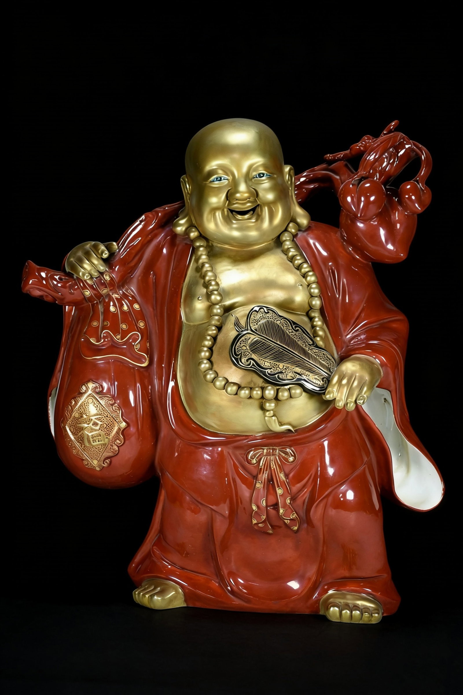 A Rare Red Glazed Gilt Statue of Maitreya Buddha: A Rare Red Glazed Gilt Statue of Maitreya Buddha,Qing Dynasty,China,Yongzheng Four-character Mark,Size:14.6inx12.2in
