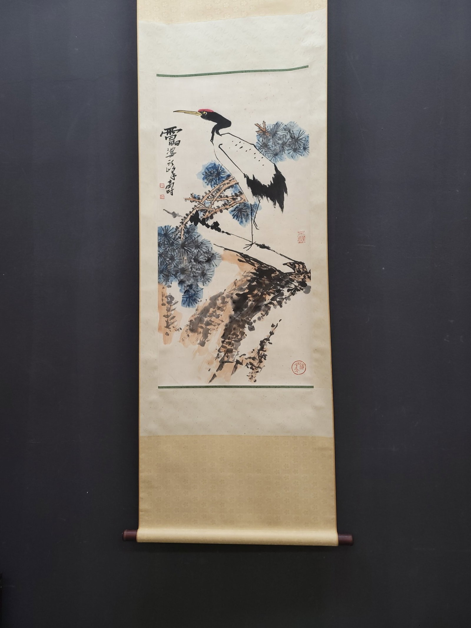 A Chinese Vertical Scroll Ink Painting of Pine and Crane on Paper: A Chinese Vertical Scroll Ink Painting of Pine and Crane on Paper,Pan Tianshou,Size:19.3inx39.2in