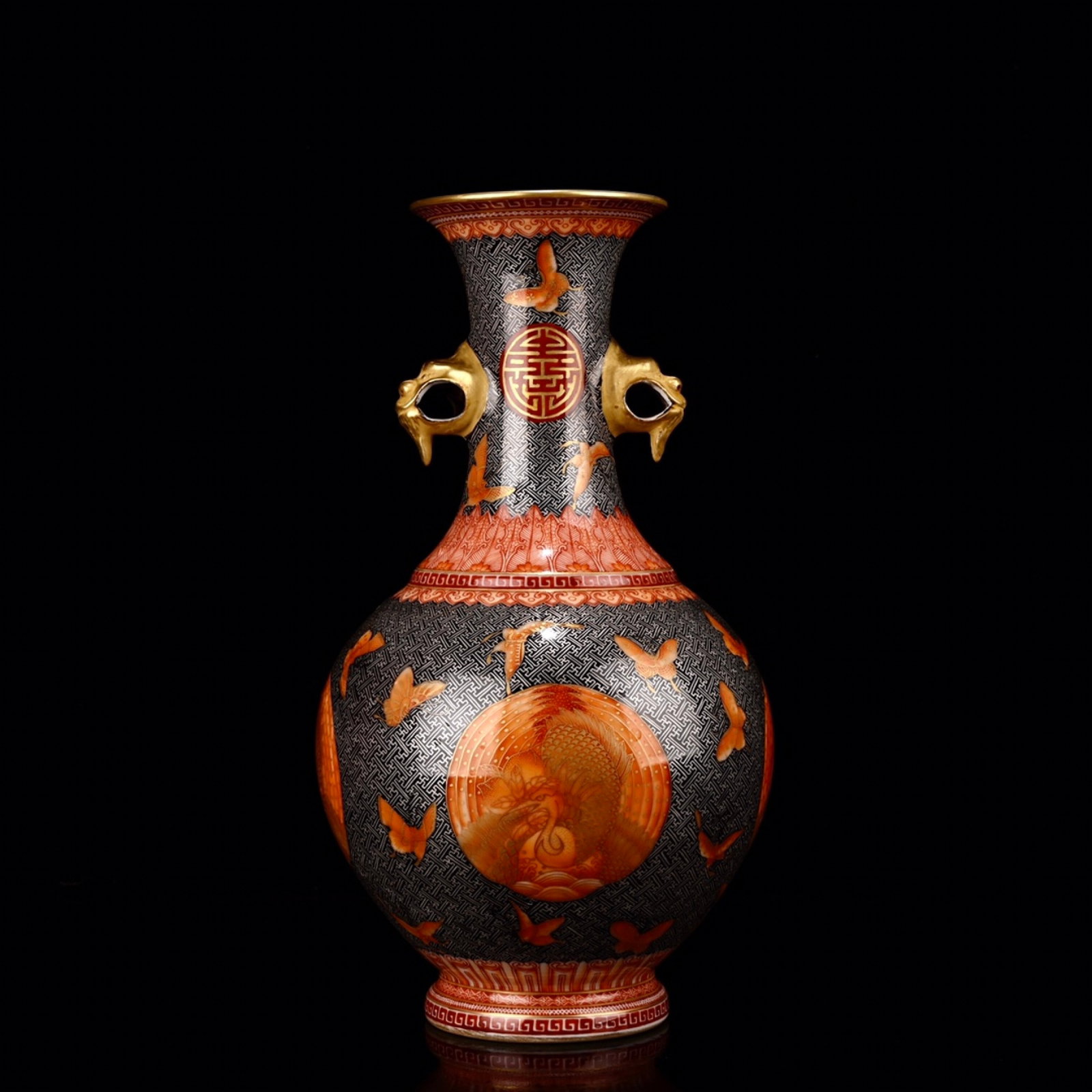An Exquisite Iron-Red Inlaid Silver Butterfly Pattern Beast-Ears Vase: An Exquisite Iron-Red Inlaid Silver Butterfly Pattern Beast-Ears Vase,Qing Dynasty,China,Qianlong Four-character Mark,Size:11.4inx6.3in 矾红错银蝴蝶纹兽