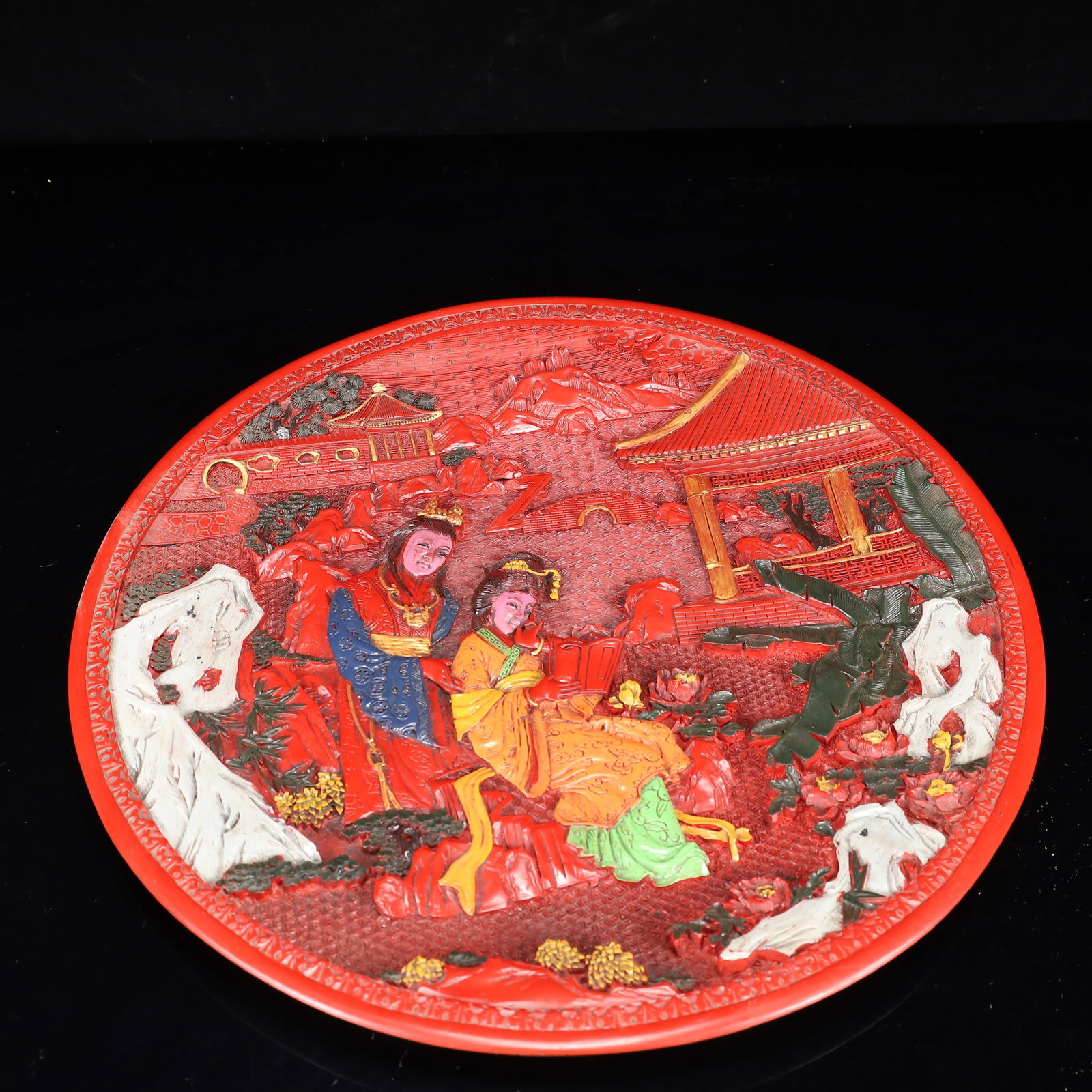 A Rare Carved Red Lacquer Painted Color Figure Pattern Plate: A Rare Carved Red Lacquer Painted Color Figure Pattern Plate,Qing Dynasty, China,Qianlong Four-character Mark,Size:14.6inx1.2in,Weight:1650g