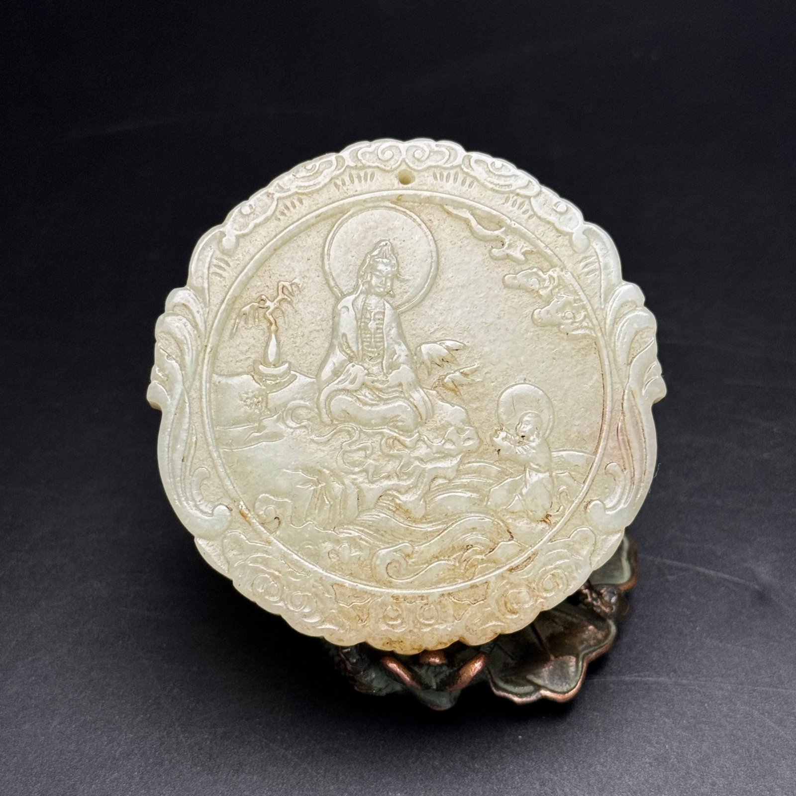 An Exquisite White Jade Statue of Avalokitesvara Pattern Pendant,with poem: An Exquisite White Jade Statue of Avalokitesvara Pattern Pendant,with poem,Qing Dynasty,China,Size:2.6inx2.6inx0.3in,Weight:77g 白玉观音像纹挂件,带