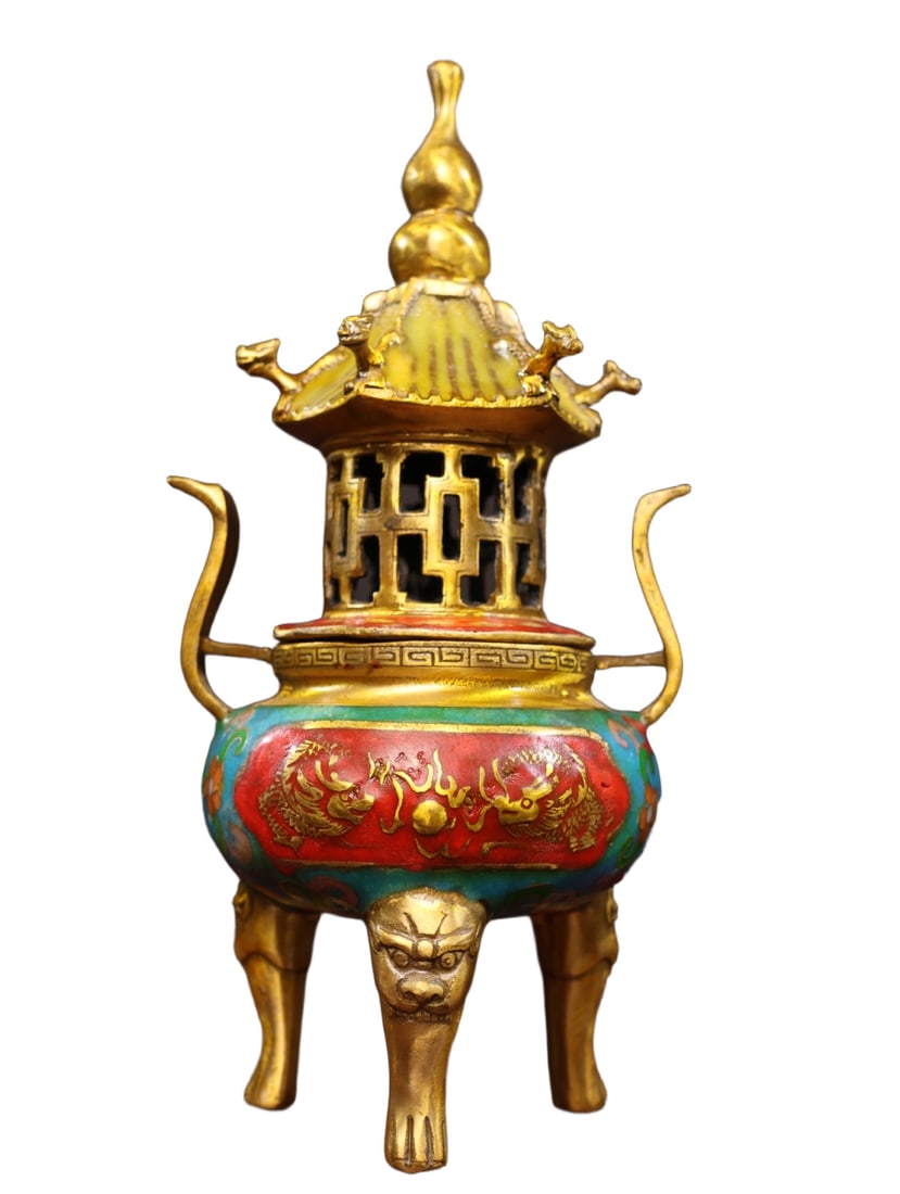 An Exquisite Gilt Bronze Cloisonne Dragon Pattern Tripod Censer: An Exquisite Gilt Bronze Cloisonne Dragon Pattern Tripod Censer,Qing Dynasty,China,Qianlong Four-character Mark,Size:9.4inx3.9inx3.5in,Weight:700g 铜鎏金景泰蓝Ƙ