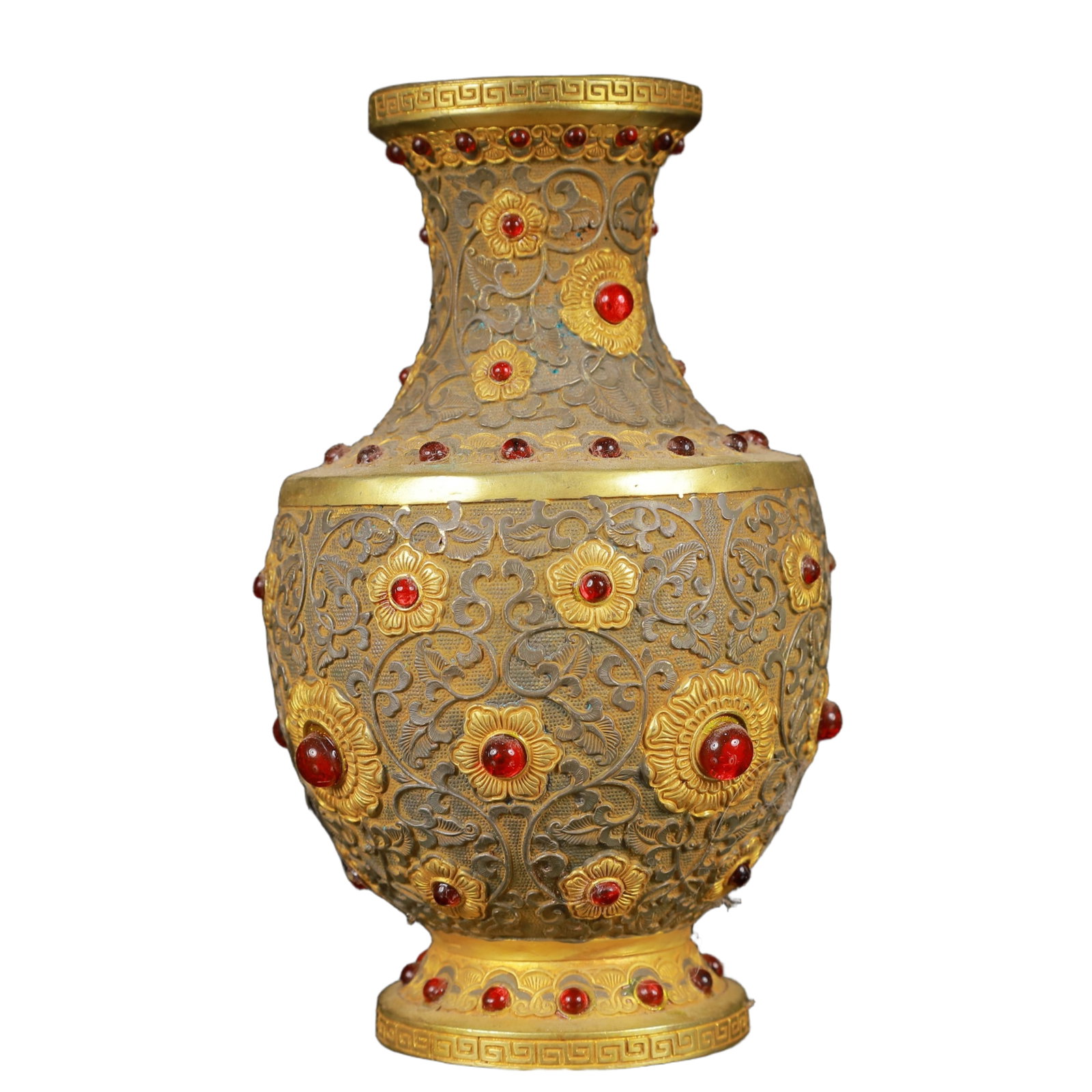 An Exquisite Gilt Silver Lotus Pattern Vase,Inlaid Gems: An Exquisite Gilt Silver Lotus Pattern Vase,Inlaid Gems,Tang Dynasty,China,Zhenguan Four-Character Mark,Size:3.1inx5.5in,Weight:500g 银鎏金缠枝莲纹瓶,&#