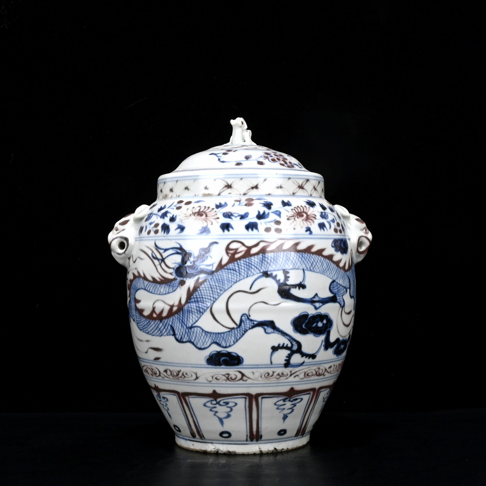 An Exquisite Blue and White Underglaze-Red Dragon and Phoenix Pattern Beast-Ears Jar with Cover: An Exquisite Blue and White Underglaze-Red Dragon and Phoenix Pattern Beast-Ears Jar with Cover,Yuan Dynasty,China,Size:10.2inx7.9in 青花釉里红龙凤纹