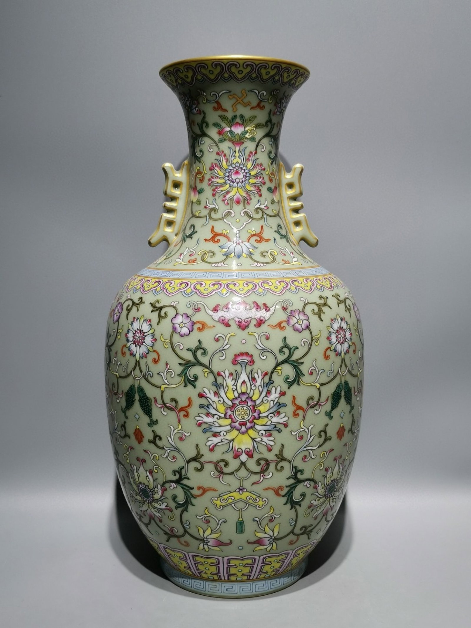 An Exquisite Celadon Glazed Enamel Painted Gold Lotus Pattern Double-Ears Vase (1 of 8)
