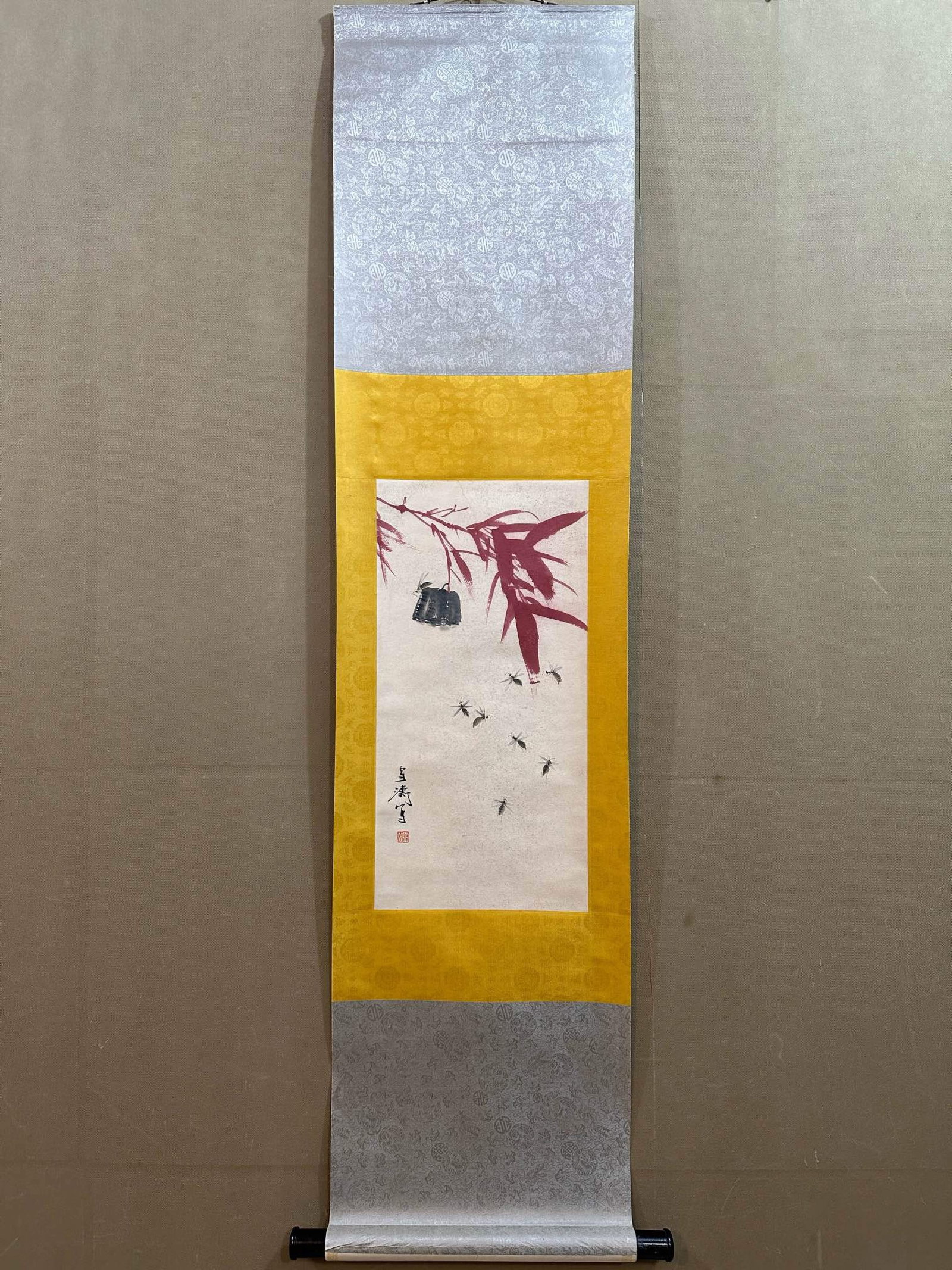 A Chinese Vertical Scroll Ink Painting of Bamboo on Paper: A Chinese Vertical Scroll Ink Painting of Bamboo on Paper,Wang Xuetao,Size:11inx22in 一幅中国水墨竹画立轴,王雪涛