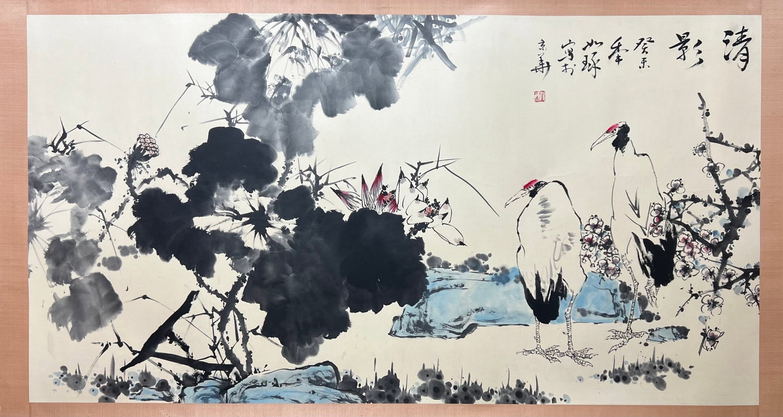 A Chinese Ink Painting of Flower and Crane on Paper: A Chinese Ink Painting of Flower and Crane on Paper,Cui Ruzhuo,Size:37.8inx70.9in 一幅中国水墨花卉鹤画,崔如琢