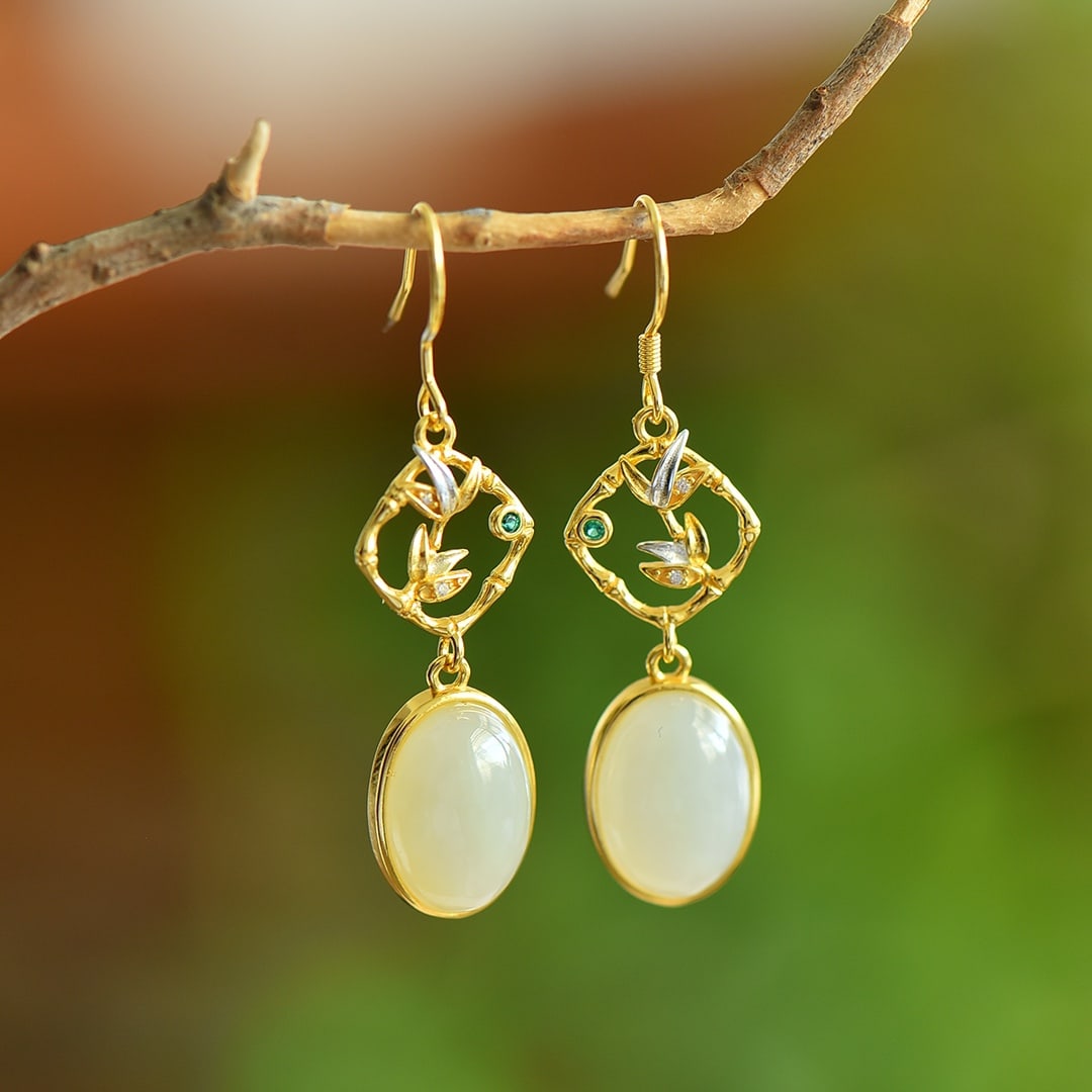 A Pair of Exquisite Sterling Silver-Gold Plated Inlaid White Jade Earrings: A Pair of Exquisite Sterling Silver-Gold Plated Inlaid White Jade Earrings,Size:0.4inx0.6in ???????????