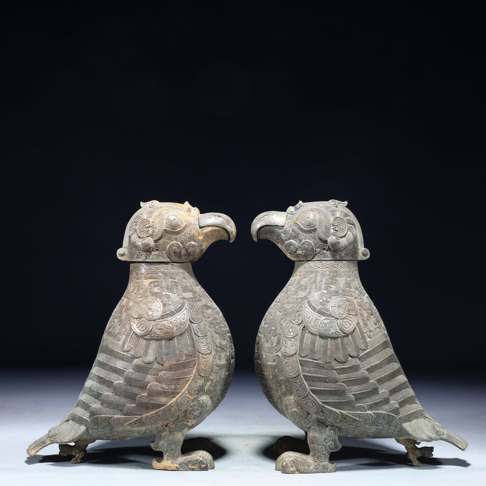 A Pair of Rare Chi-Dragon Pattern Bird Wine vessels,With Inscription (1 of 11)