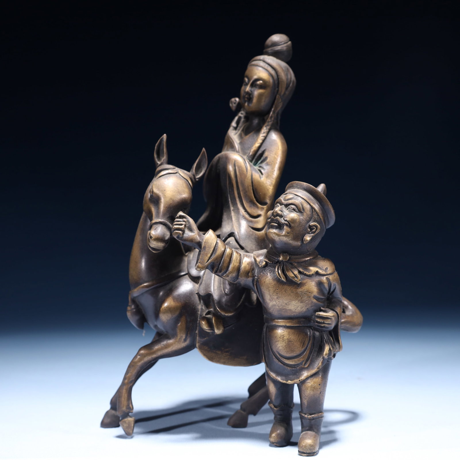 An Exquisite Bronze Figure Riding Horse Ornament: An Exquisite Bronze Figure Riding Horse Ornament,Qing Dynasty,China,Size:5.1inx3.5inx9.1in,Weight:2000g 铜人物骑马摆件,中国清代