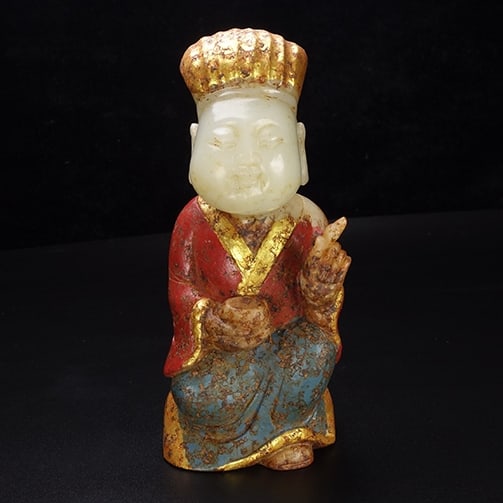 An Exquisite White Jade Gilt Figure Ornament: An Exquisite White Jade Gilt Figure Ornament,Qing Dynasty,China,Size:2inx1.6inx4.7in,Weight:409g 白玉鎏金人物摆件,中国清代