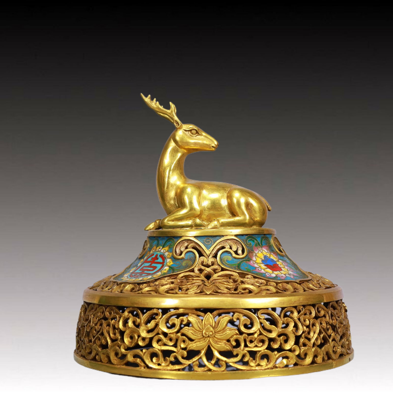 A Huge Cloisonne Flower and Phoenix Pattern Animal-Ears Tripod Censer, With Deer Cover - 10