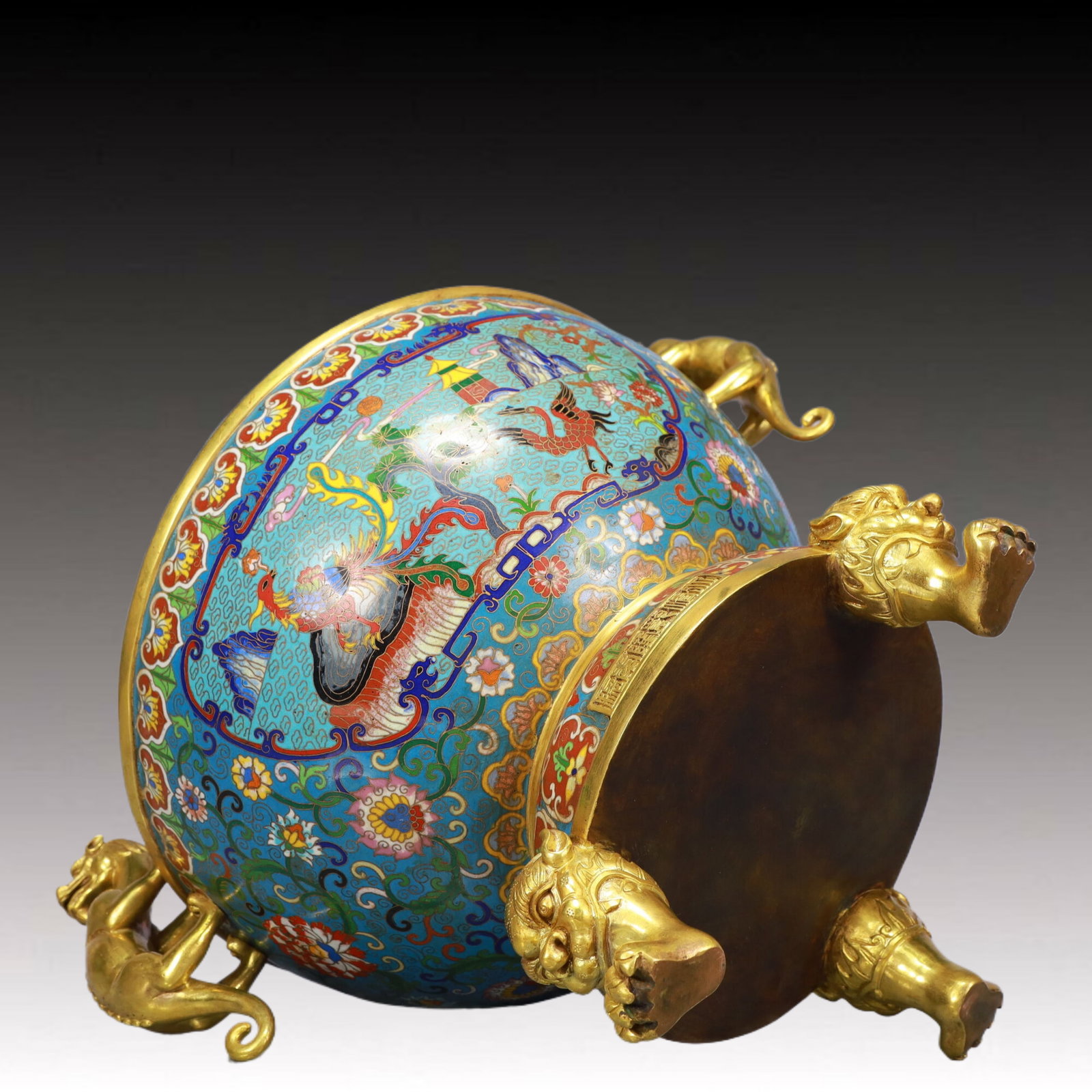 A Huge Cloisonne Flower and Phoenix Pattern Animal-Ears Tripod Censer, With Deer Cover - 12