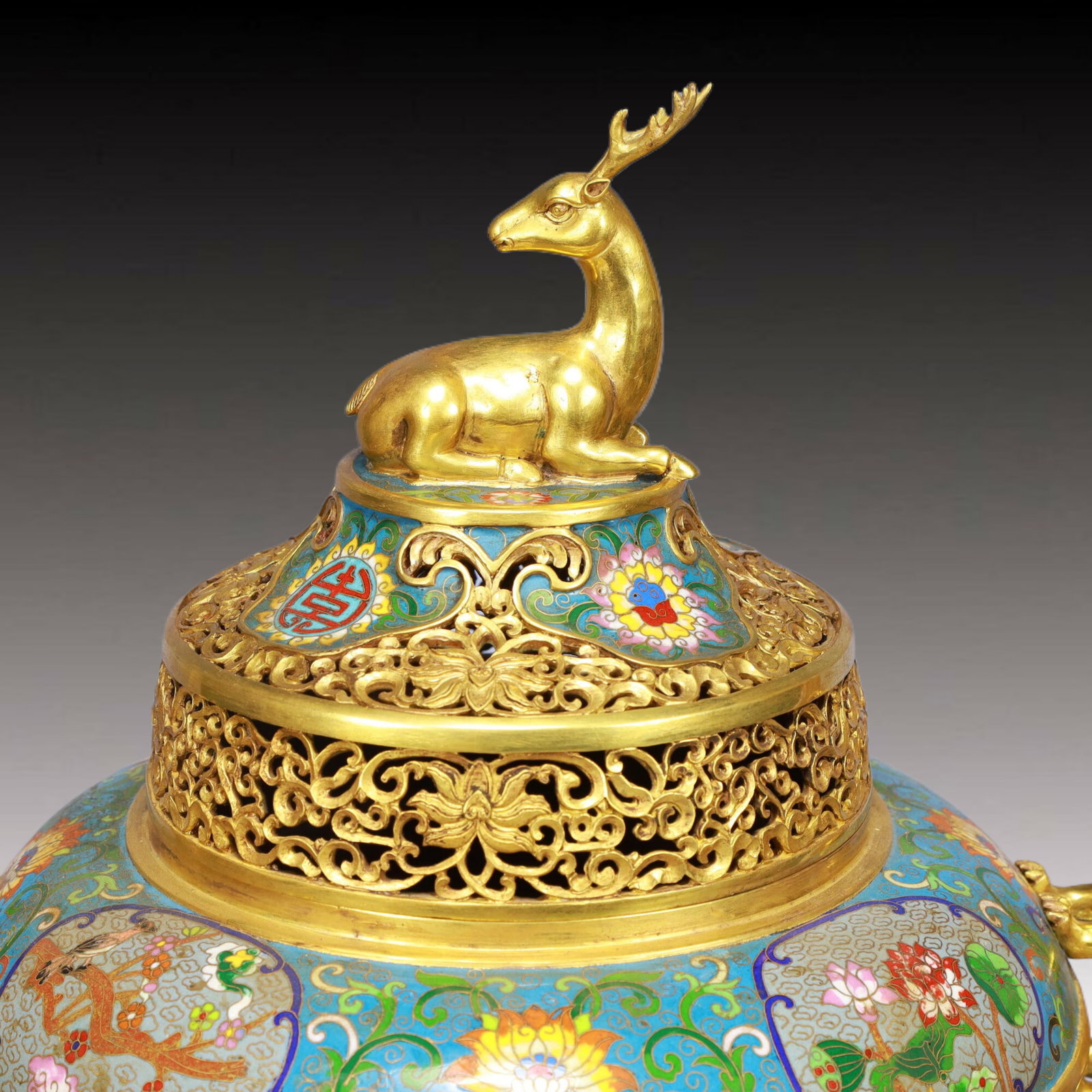 A Huge Cloisonne Flower and Phoenix Pattern Animal-Ears Tripod Censer, With Deer Cover - 2