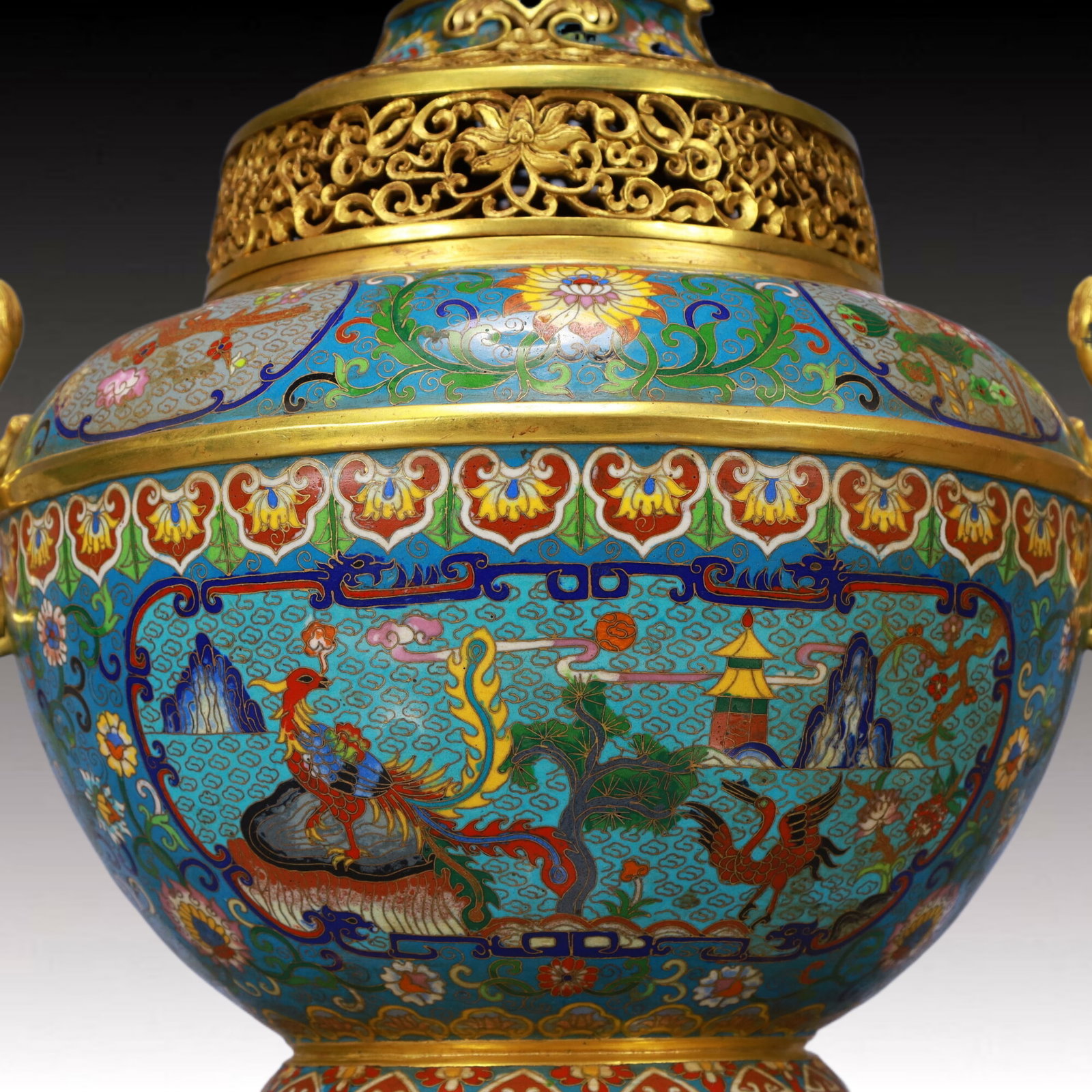 A Huge Cloisonne Flower and Phoenix Pattern Animal-Ears Tripod Censer, With Deer Cover - 3