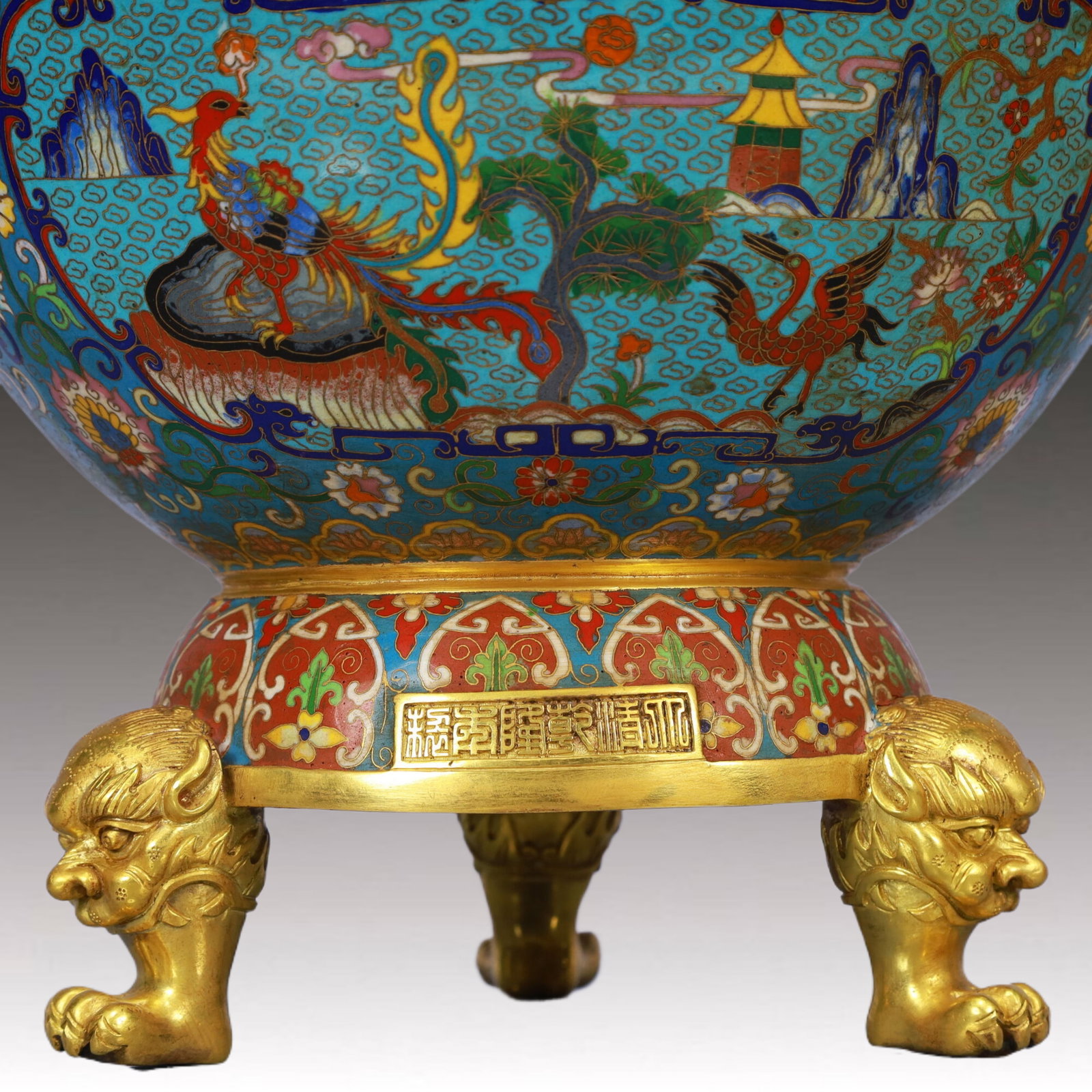 A Huge Cloisonne Flower and Phoenix Pattern Animal-Ears Tripod Censer, With Deer Cover - 4