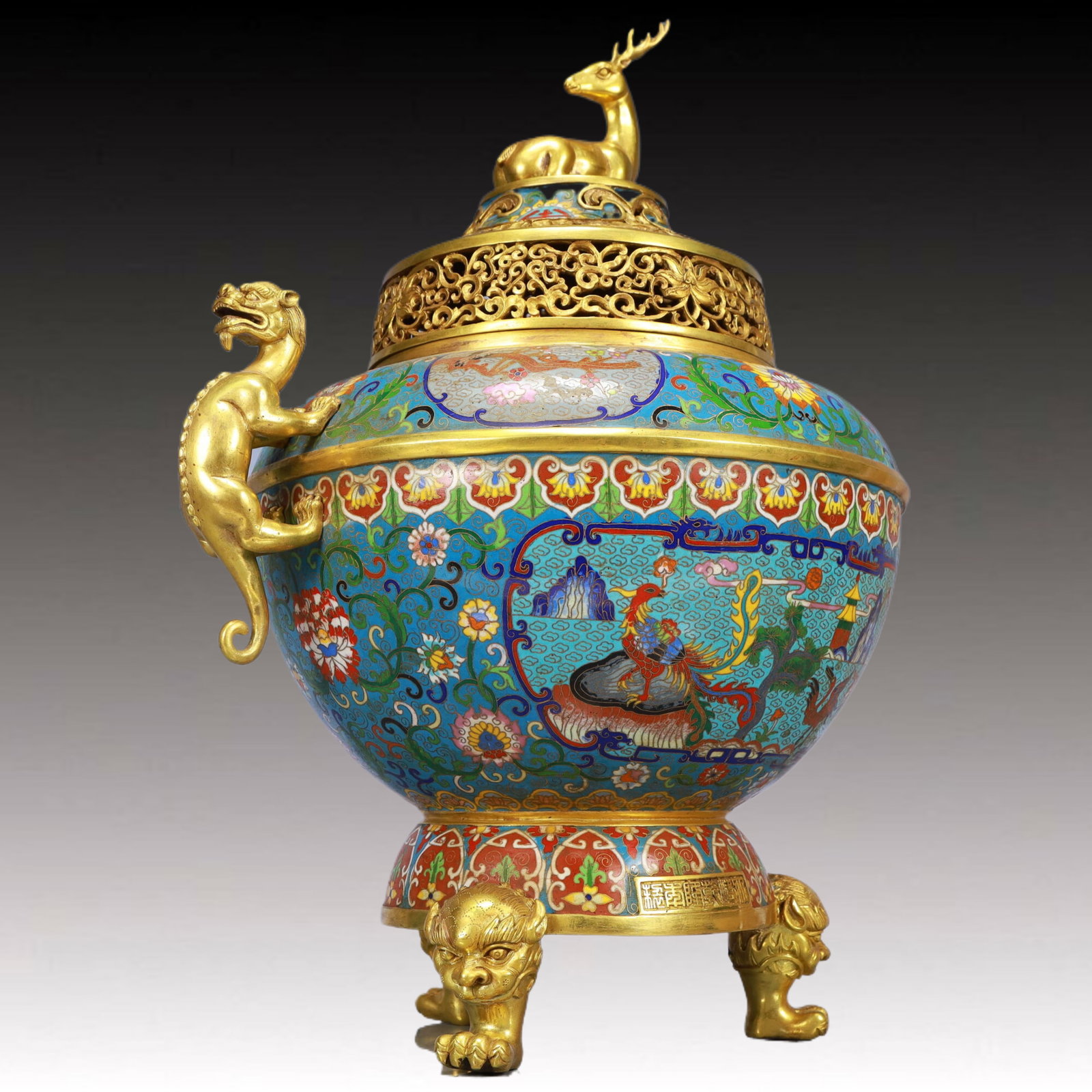 A Huge Cloisonne Flower and Phoenix Pattern Animal-Ears Tripod Censer, With Deer Cover - 5