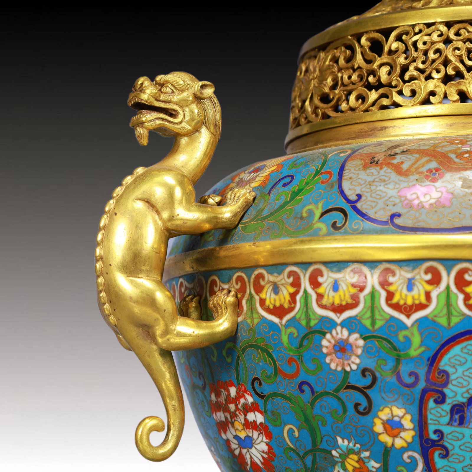 A Huge Cloisonne Flower and Phoenix Pattern Animal-Ears Tripod Censer, With Deer Cover - 6