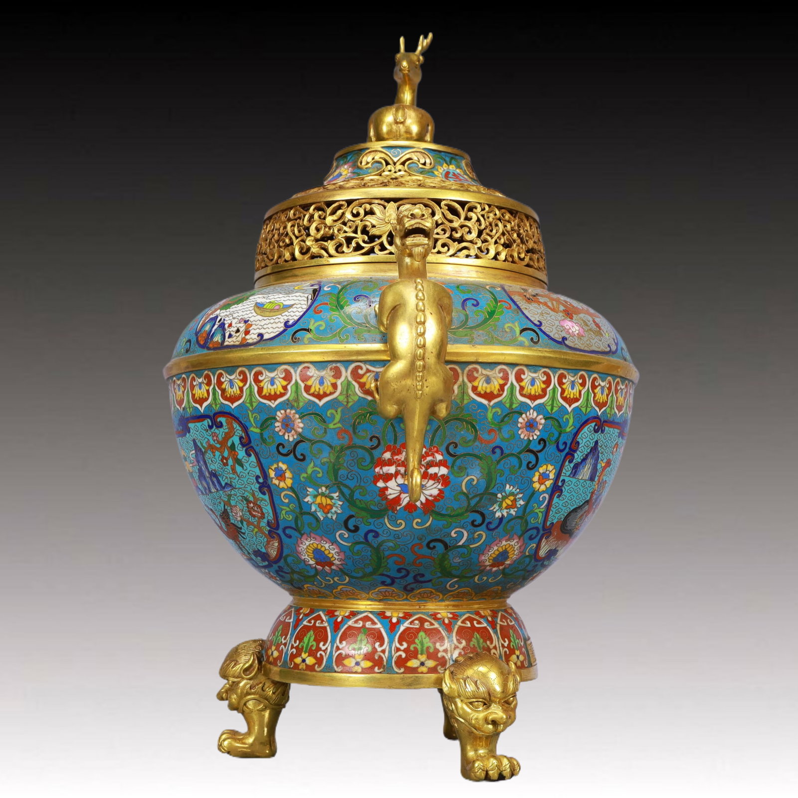 A Huge Cloisonne Flower and Phoenix Pattern Animal-Ears Tripod Censer, With Deer Cover - 7