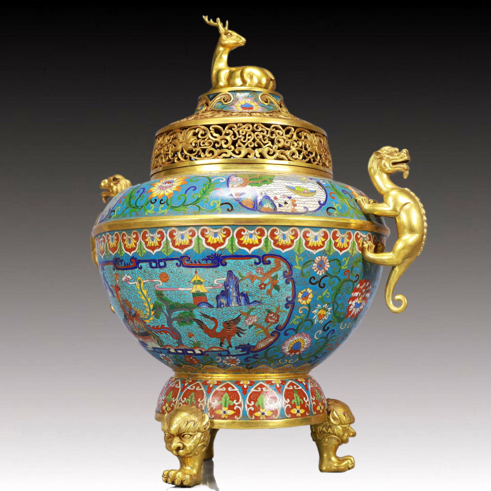 A Huge Cloisonne Flower and Phoenix Pattern Animal-Ears Tripod Censer, With Deer Cover - 8