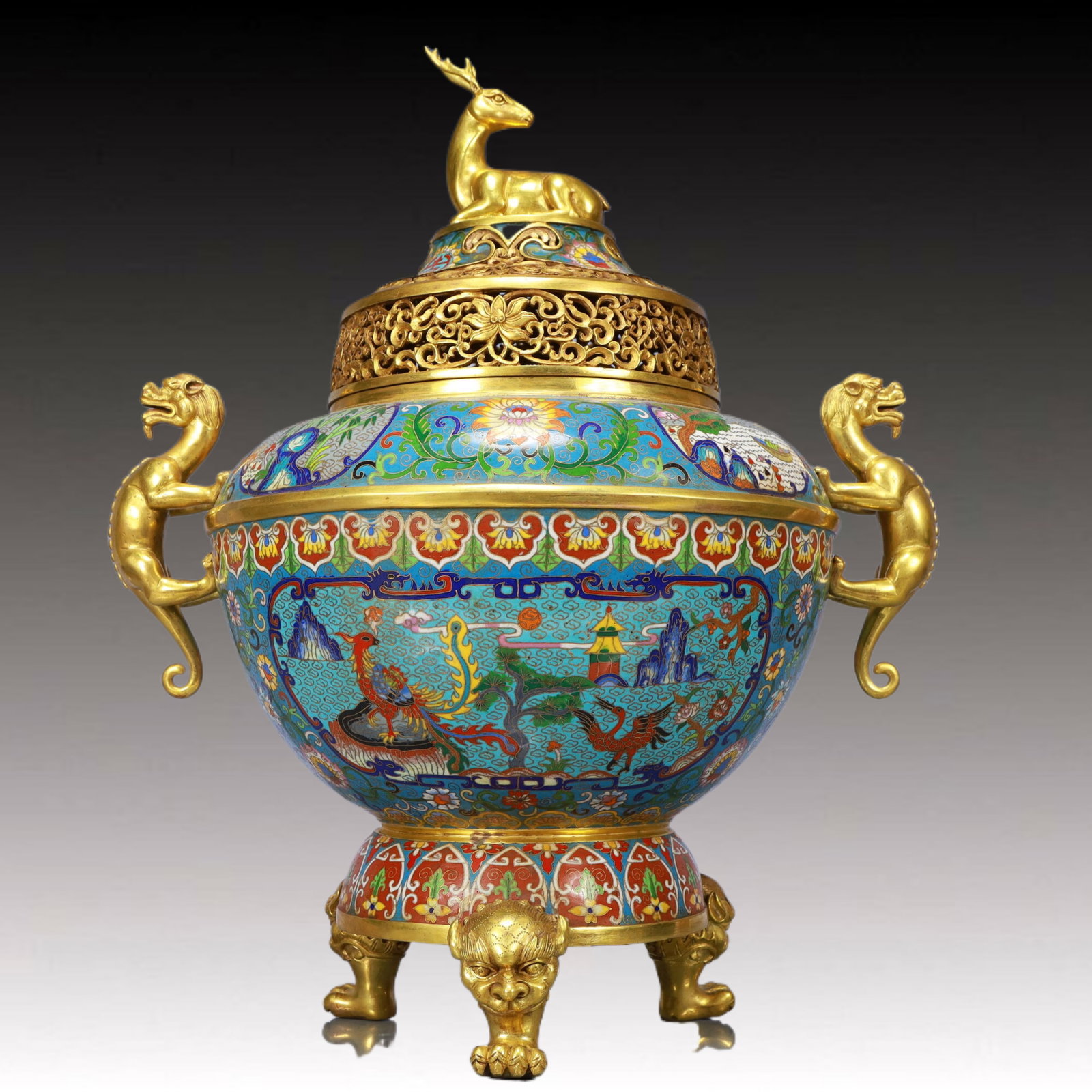 A Huge Cloisonne Flower and Phoenix Pattern Animal-Ears Tripod Censer, With Deer Cover - 9