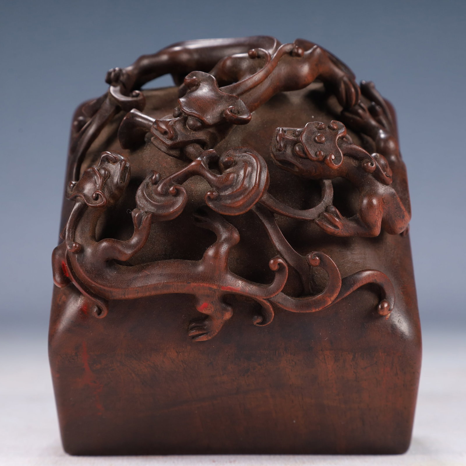 An Exquisite Zitanwood Chi-Dragon Pattern Seal: An Exquisite Zitanwood Chi-Dragon Pattern Seal,Qing Dynasty, China,Size:4.1inx3.9in,Weight:750g 紫檀木螭龙纹印章,中国清代