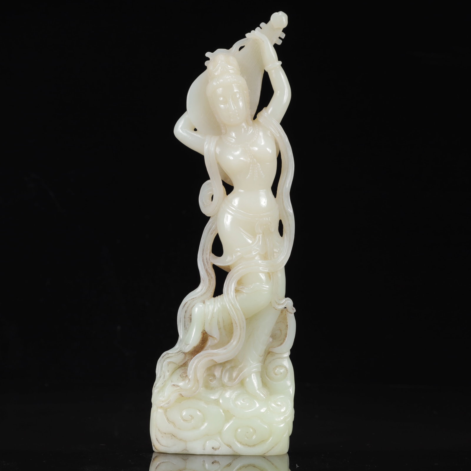 An Exquisite White Jade Statue of Gadgadasvara: An Exquisite White Jade Statue of Gadgadasvara,Qing Dynasty, China,Size:3.1inx1.2inx10.6in,Weight:681g 白玉妙音观音像,中国清代