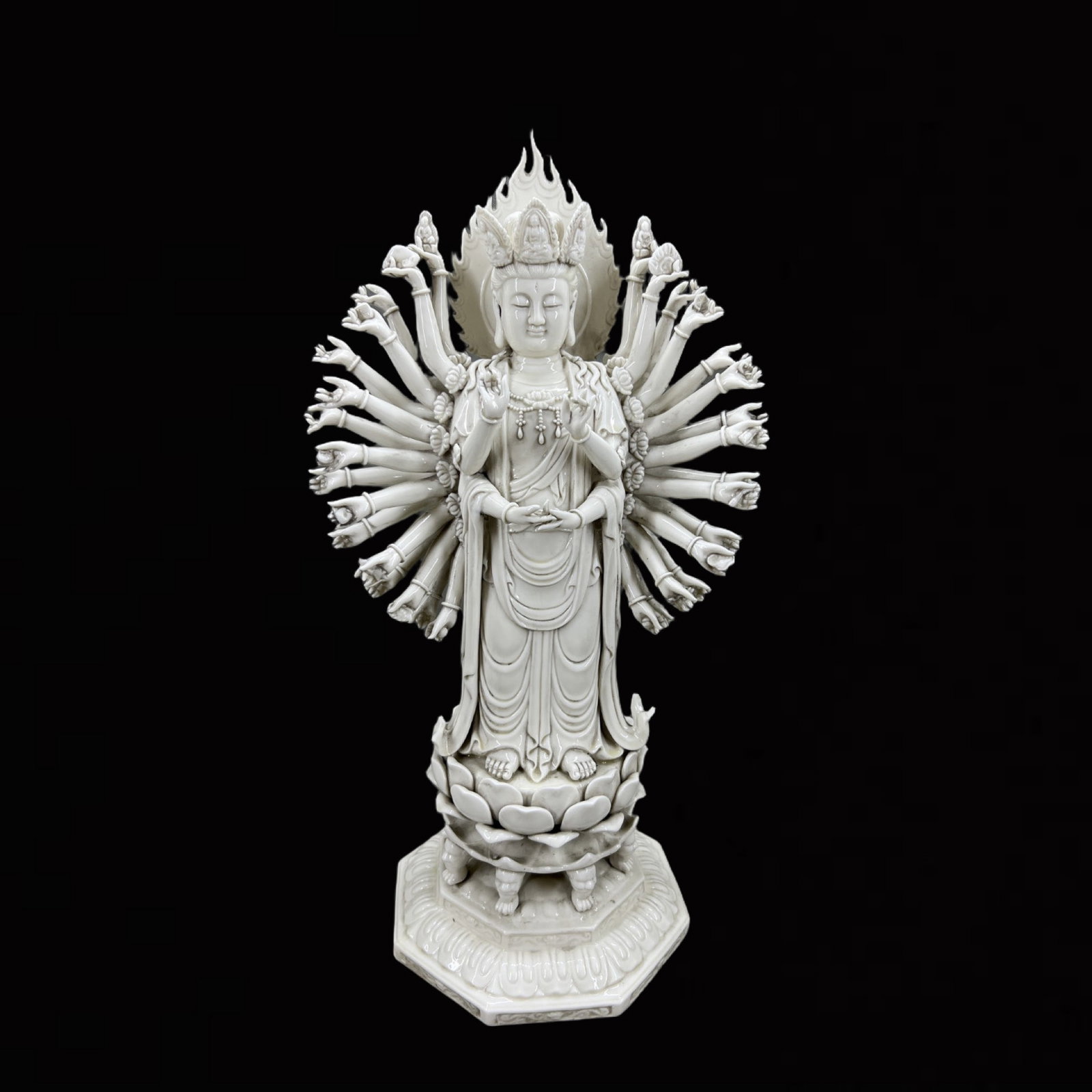 A Solemn Blance-De-Chine Statue of Thousand-hand Guanyin: A Solemn Blance-De-Chine Statue of Thousand-hand Guanyin,Ming Dynasty,China,He Chaozong Mark,Size:23.2in 德化瓷千手观音像,中国明ߣ