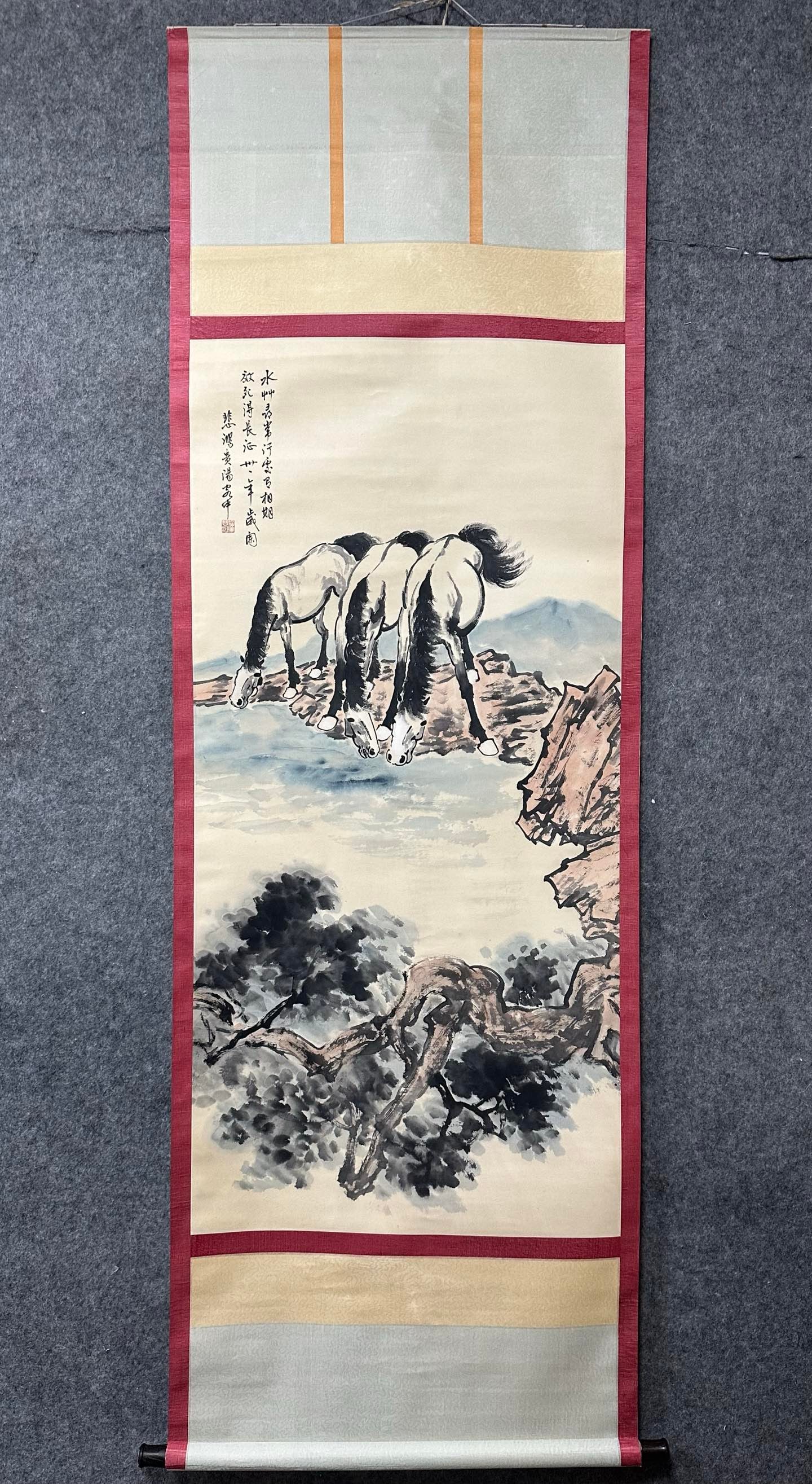 A Chinese Vertical Scroll Ink Painting of Horse on Paper,Xu Beihong: A Chinese Vertical Scroll Ink Painting of Horse on Paper,Xu Beihong,Size:(Without frame)26.2inx53.9in 一幅中国水墨骏马图立轴,徐&