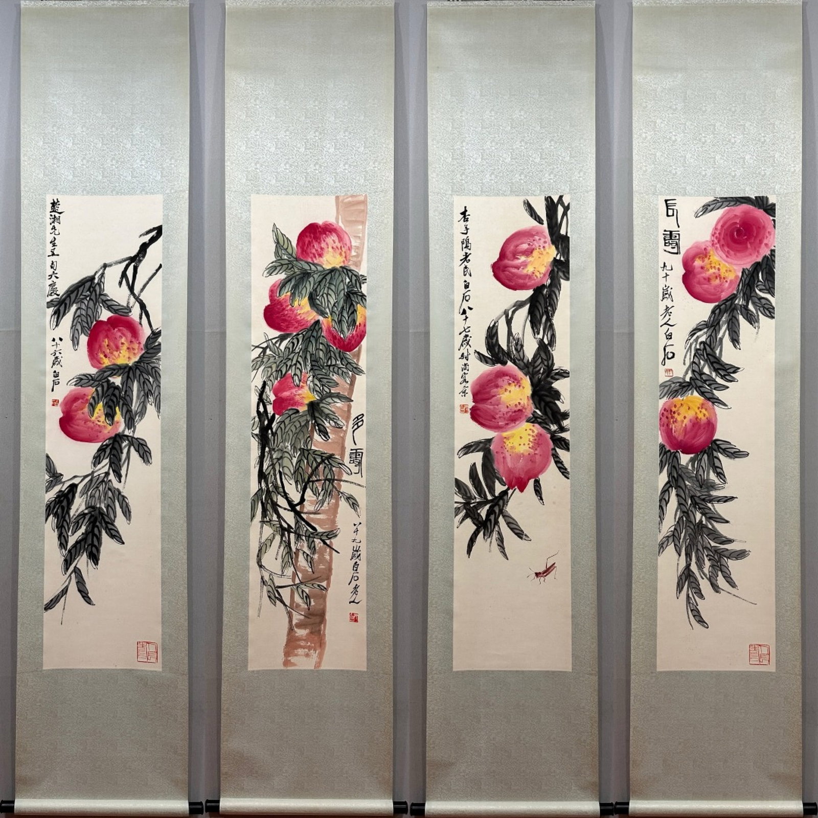 A Set of Chinese Vertical Scroll Ink Painting of Peach on Paper: A Set of Chinese Vertical Scroll Ink Painting of Peach on Paper,Qi Baishi,Size:13.4inx53.5in 一套中国水墨桃子画立轴,齐白&#