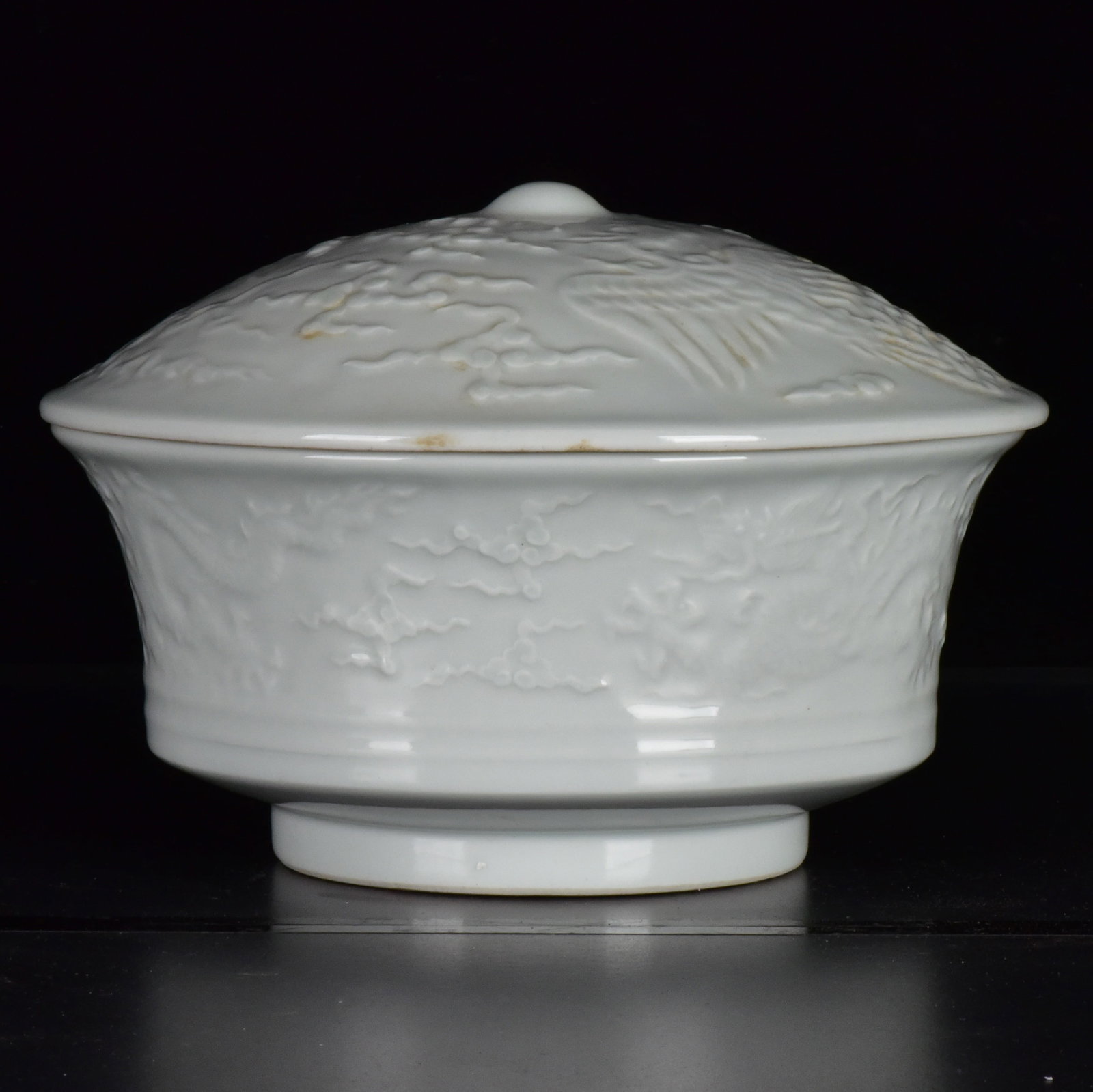An Exquisite White Glazed Dragon and Phoenix Pattern Bowl with Cover: An Exquisite White Glazed Dragon and Phoenix Pattern Bowl with Cover,Qing Dynasty,China,Size:5.1inx7.3in 白釉龙凤纹盖碗,中国清代