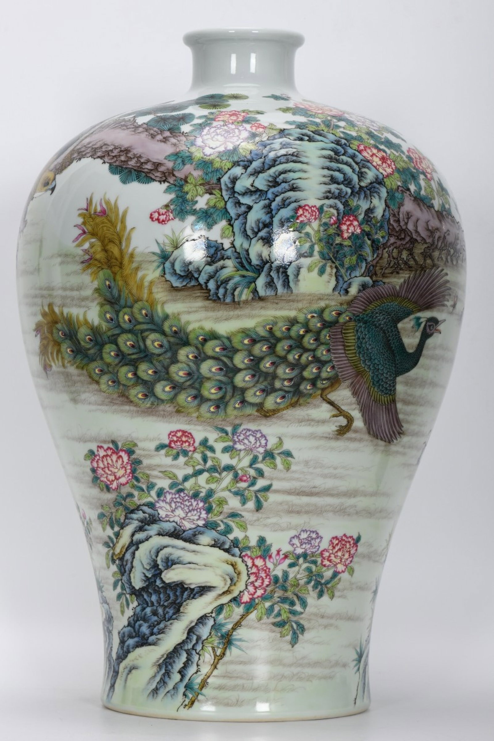A Huge Enamel Flower and Peacock Pattern Vase,with poem: A Huge Enamel Flower and Peacock Pattern Vase,with poem,Qing Dynasty,China,Yongzheng Six-character Mark,Size:20.3inx13.6in
