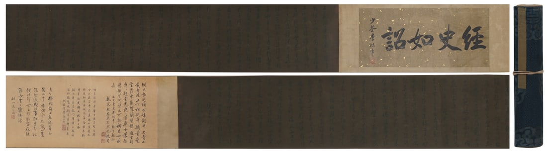 A Chinese Hand Scroll Ink Calligraphy on Paper: A Chinese Hand Scroll Ink Calligraphy on Paper,Sun Guoting,Size:13inx163.8in 一幅中国水墨书法书卷,孙过庭