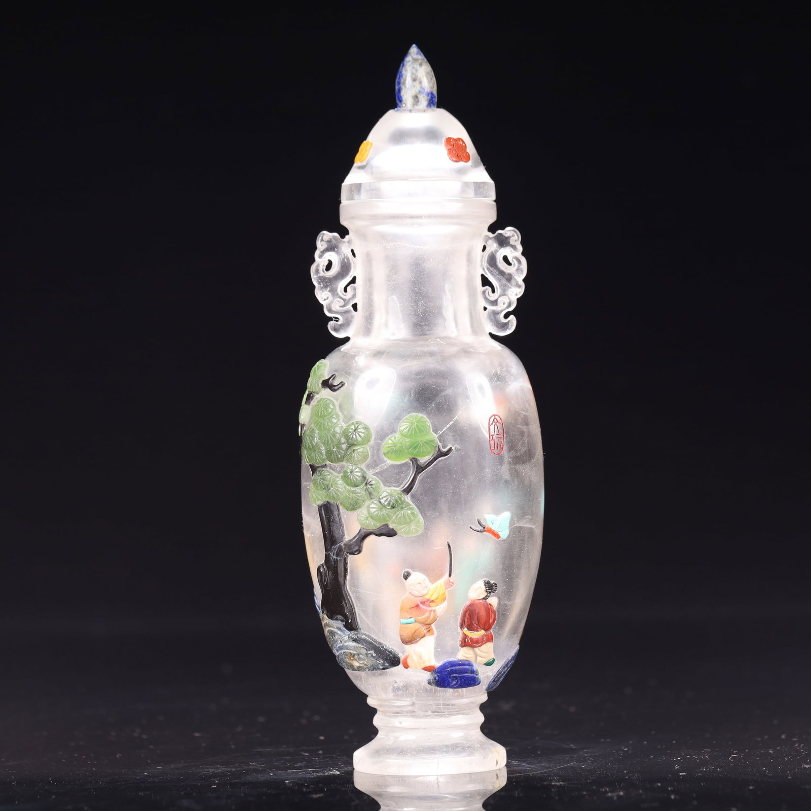 An Exquisite Crystal Landscape and Figure Pattern Double-Ears Bottle,Inlaid Gems: An Exquisite Crystal Landscape and Figure Pattern Double-Ears Bottle,Inlaid Gems,Qing Dynasty, China,Size:2.4inx1.6inx6.7in,Weight:300g 水晶山水人物纹双