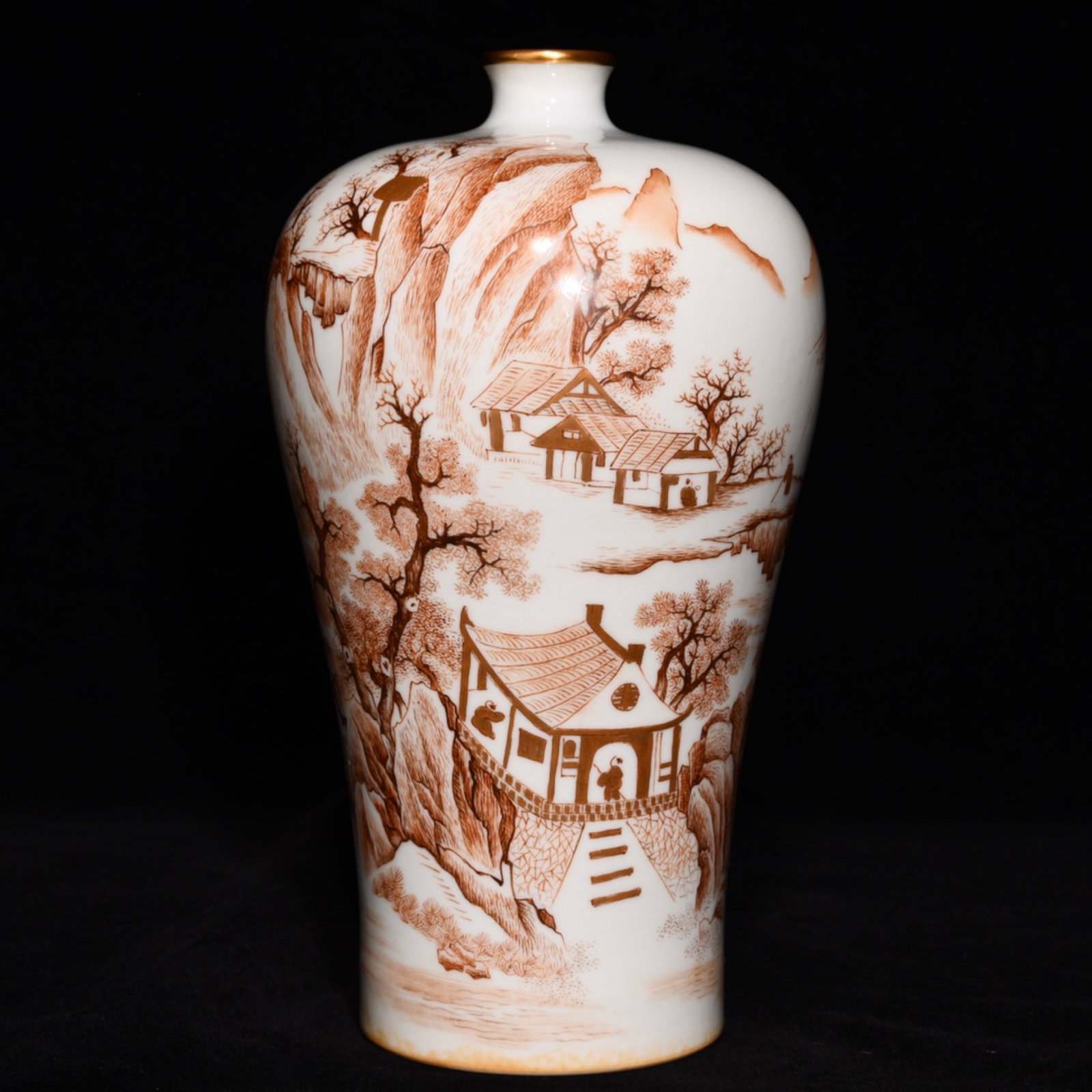 An Exquisite Iron-Red Painted Gold Landscape and Figure Pattern Vase: An Exquisite Iron-Red Painted Gold Landscape and Figure Pattern Vase,Qing Dynasty,China,Yongzheng Six-character Mark,Size:9.1inx4.7in 矾红描金山水人物&#