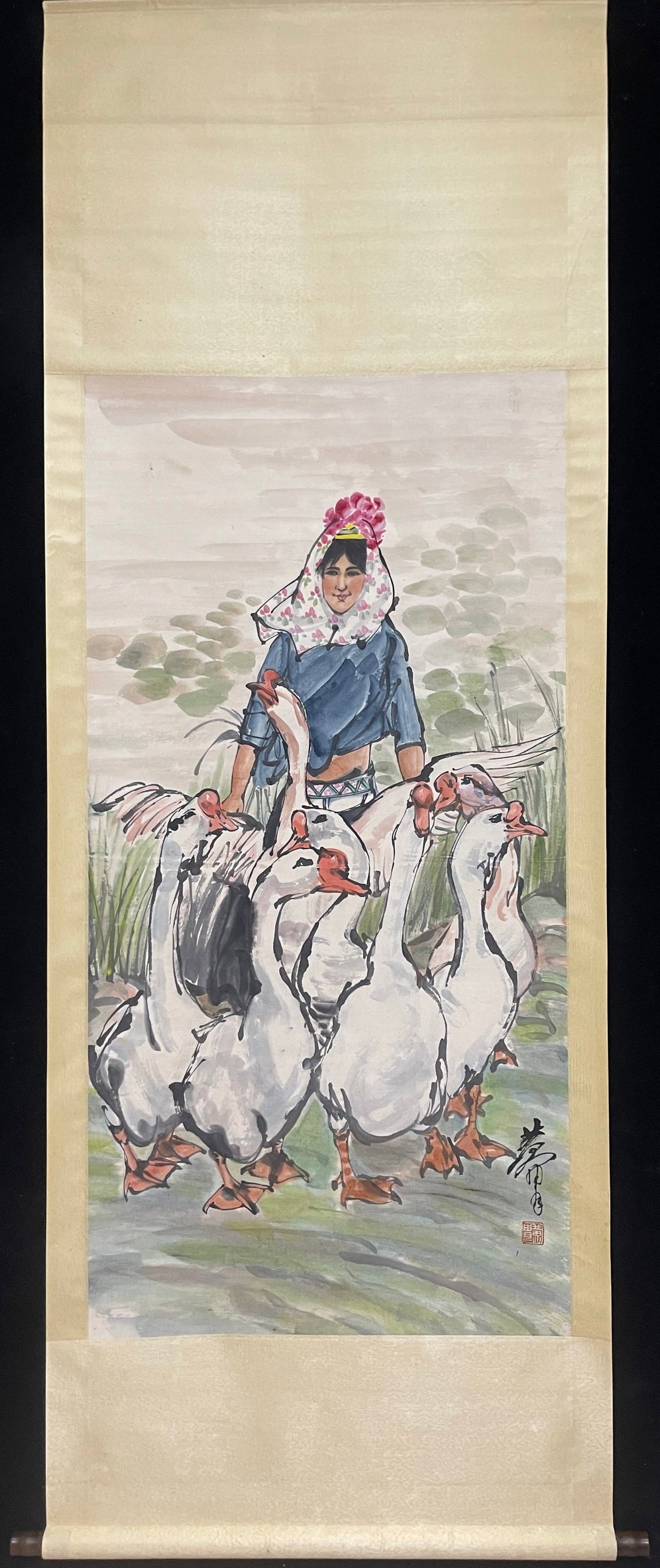 A Chinese Vertical Scroll Ink Painting of Character and Story on Paper: A Chinese Vertical Scroll Ink Painting of Character and Story on Paper,Huang Zhou,Size:26.8inx53.9in 一幅中国水墨人物故事画立