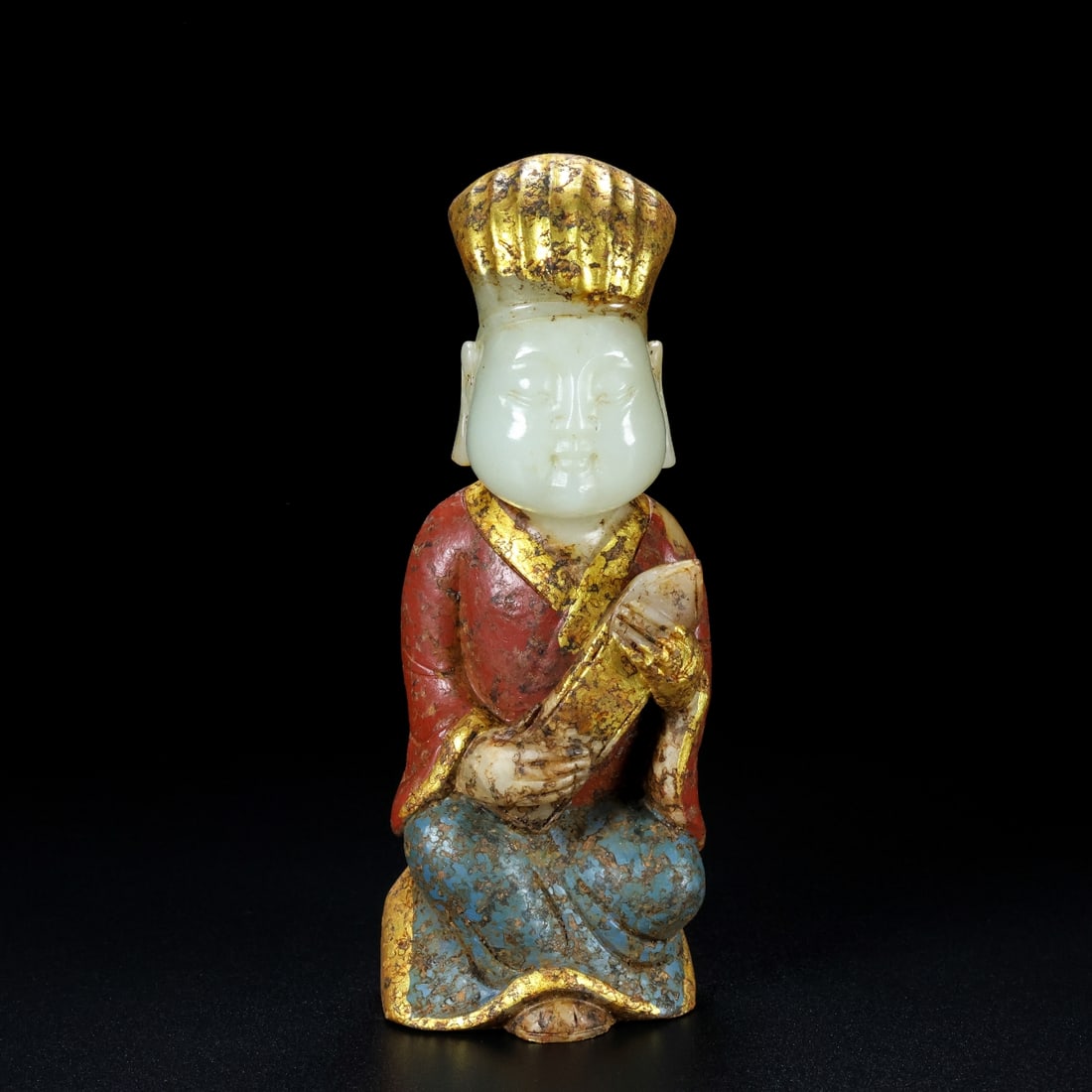 An Exquisite White Jade Gilt Figure Ornament: An Exquisite White Jade Gilt Figure Ornament,Qing Dynasty,China,Size:2inx1.6inx5.1in,Weight:397g 白玉鎏金人物摆件,中国清代