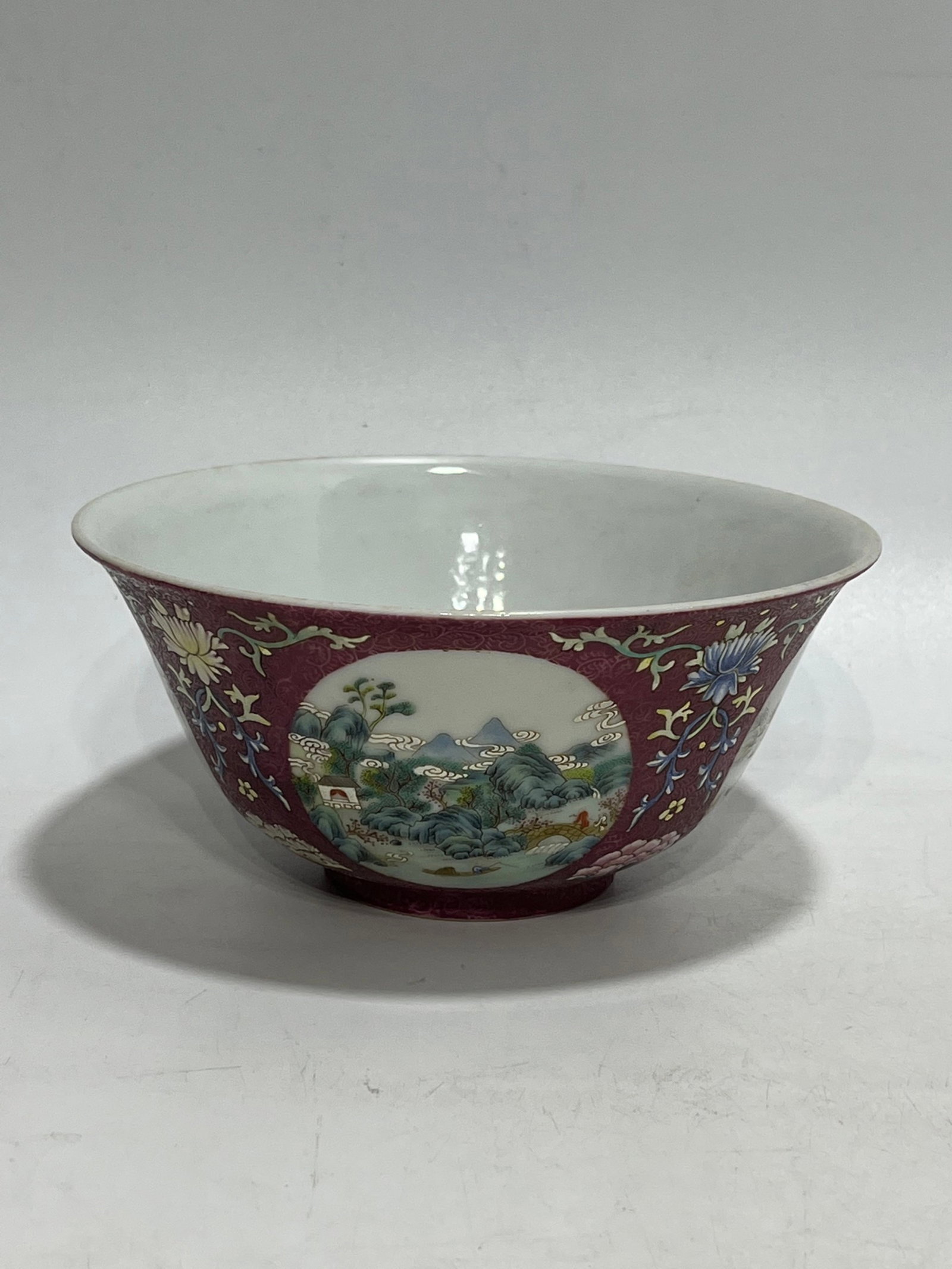 An Exquisite Famille-Rose Red Ground Landscape and Figure Pattern Bowl: An Exquisite Famille-Rose Red Ground Landscape and Figure Pattern Bowl,Qing Dynasty,China,Daoguang Six-character Mark,Size:6.3in