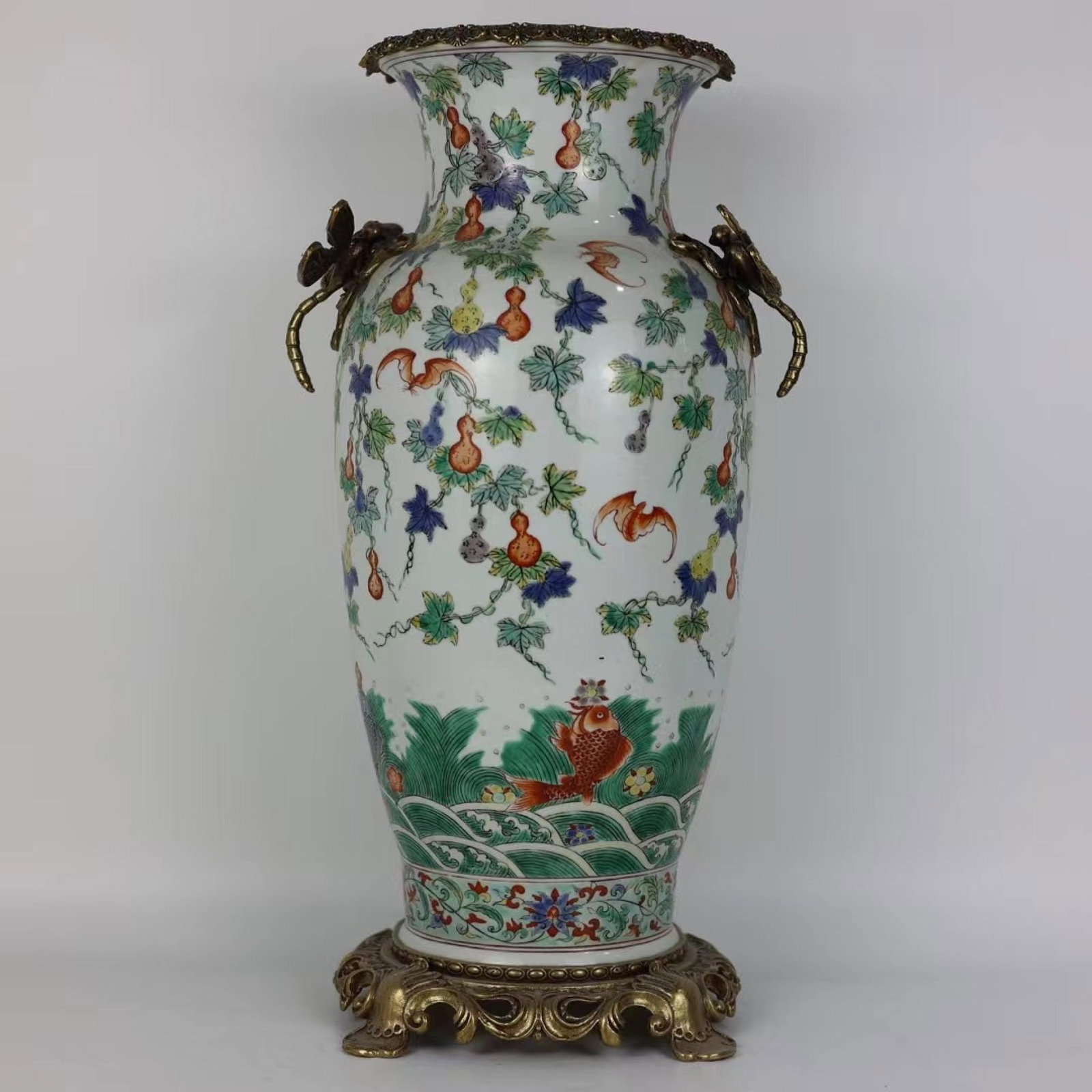 A Huge Wucai Inlaid Bronze Bats and Groud Pattern Double-Ears Vase: A Huge Wucai Inlaid Bronze Bats and Groud Pattern Double-Ears Vase,Qing Dynasty,China,Kangxi Six-character Mark,Size:18.9inx9.4in