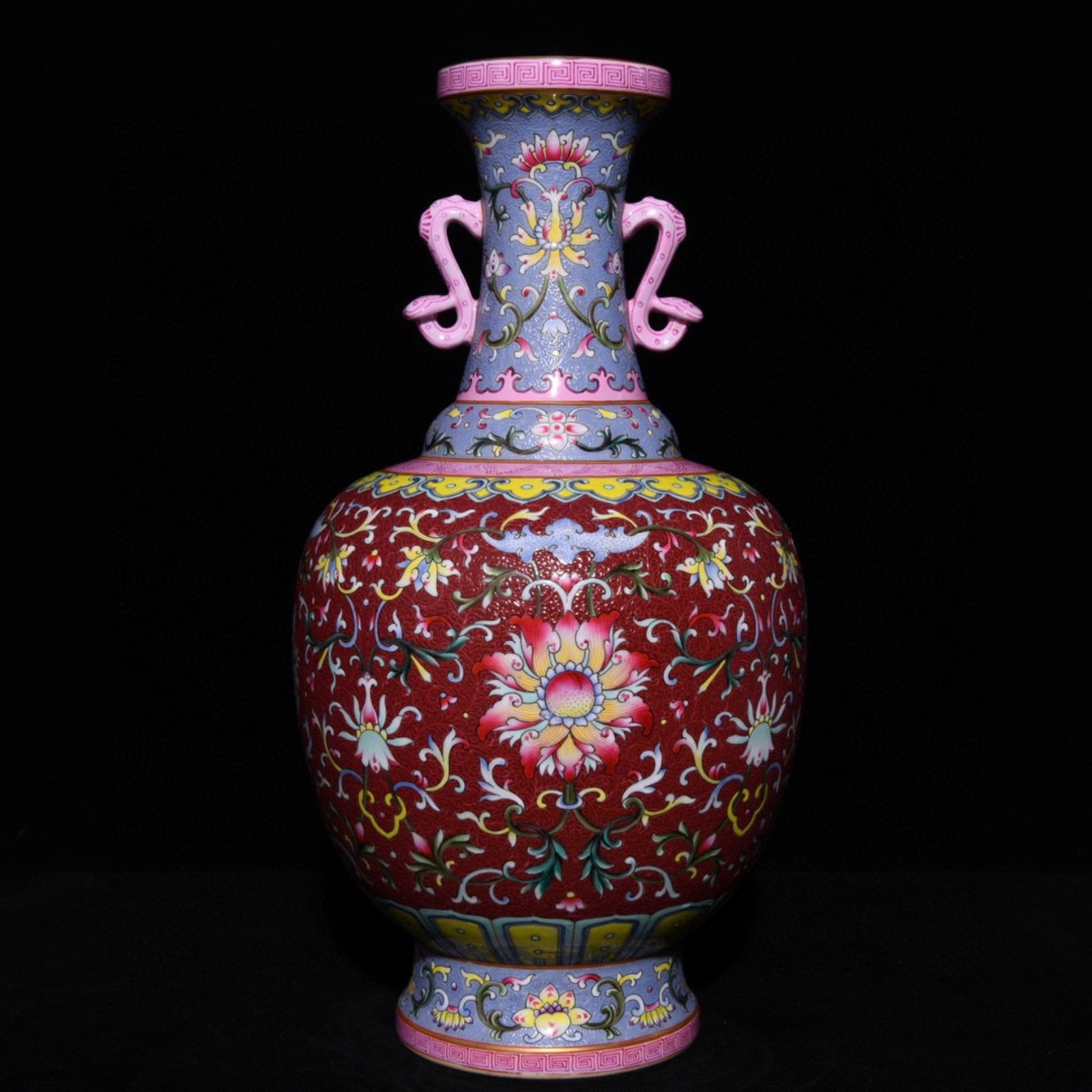 A Rare Ruby Red-Glazed Lotus Pattern Double-Ears Vase: A Rare Ruby Red-Glazed Lotus Pattern Double-Ears Vase,Qing Dynasty,China,Qianlong Six-character Mark,Size:13inx7.1in 胭脂红缠枝莲纹双耳瓶,&#